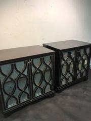 Pair of James Mont Inspired Mirrored Commodes with Beautiful Carved Wood Overlay