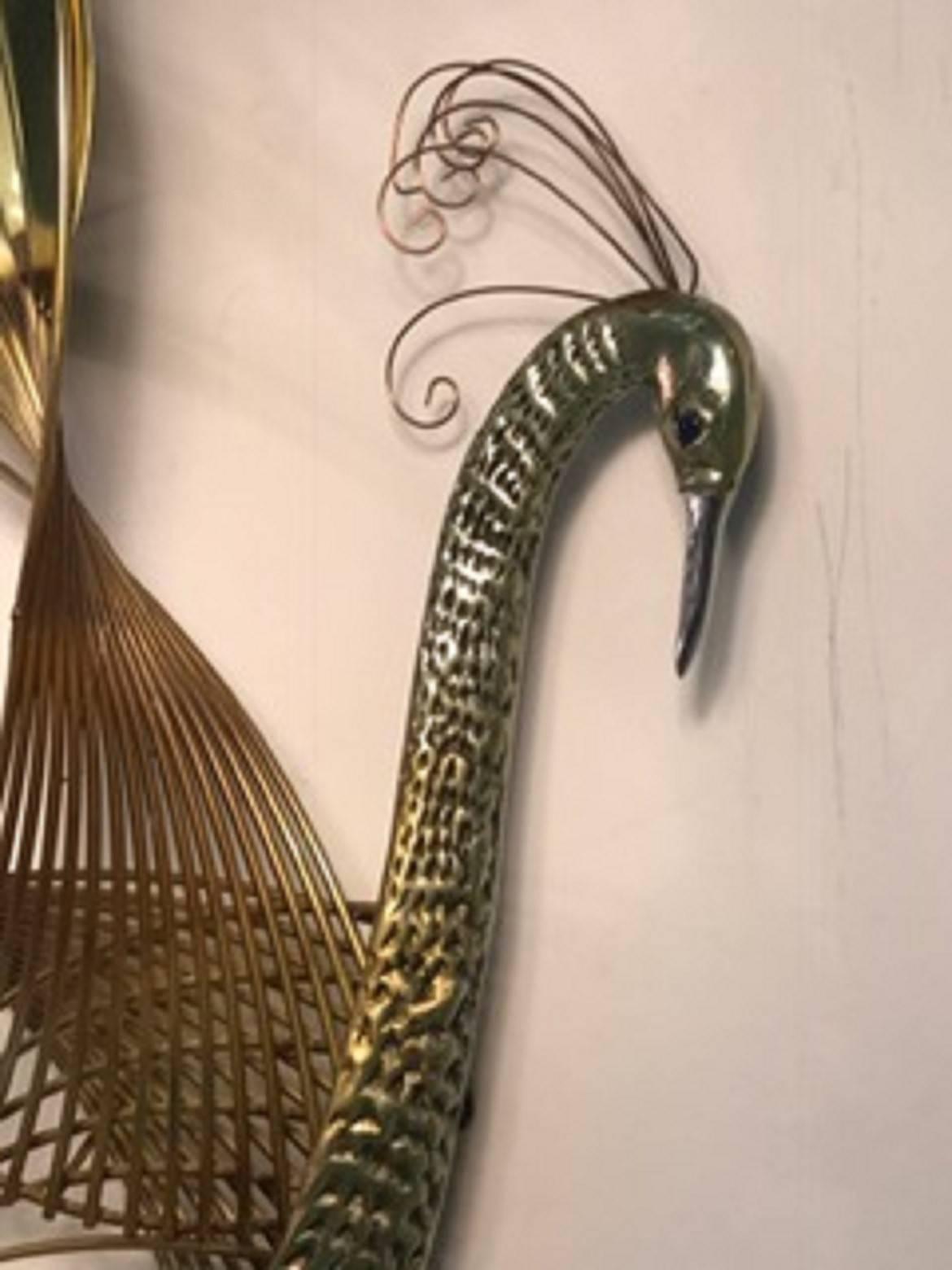 American Pretty Peacock Wall Sculpture with Beautiful Brass Feathers by Curtis Jere For Sale