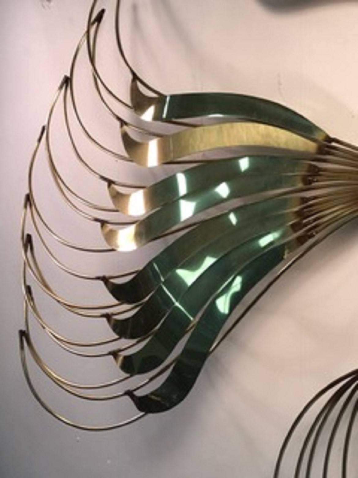 Pretty Peacock Wall Sculpture with Beautiful Brass Feathers by Curtis Jere For Sale 1