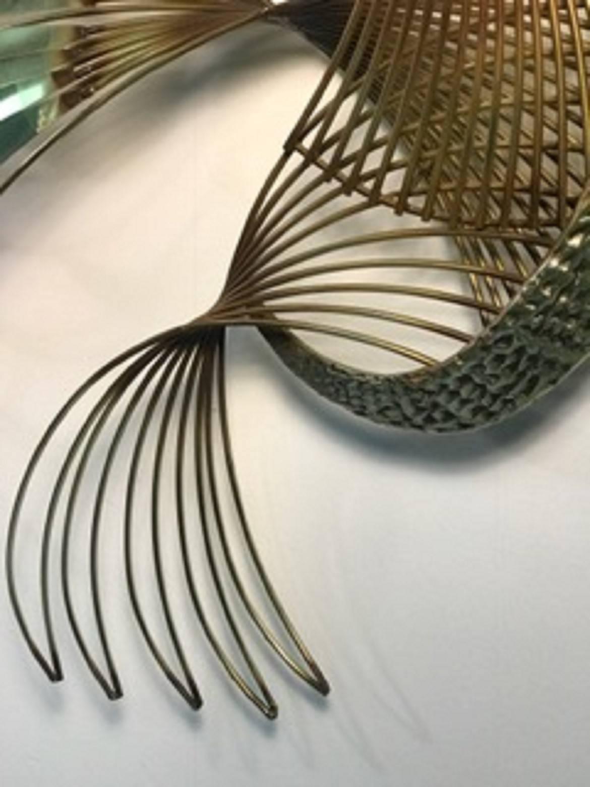 Pretty Peacock Wall Sculpture with Beautiful Brass Feathers by Curtis Jere For Sale 3
