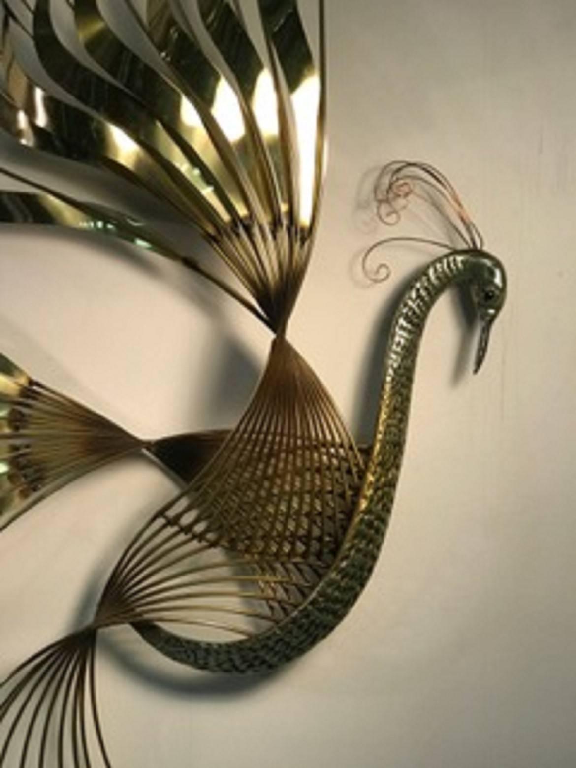 Modern Pretty Peacock Wall Sculpture with Beautiful Brass Feathers by Curtis Jere For Sale