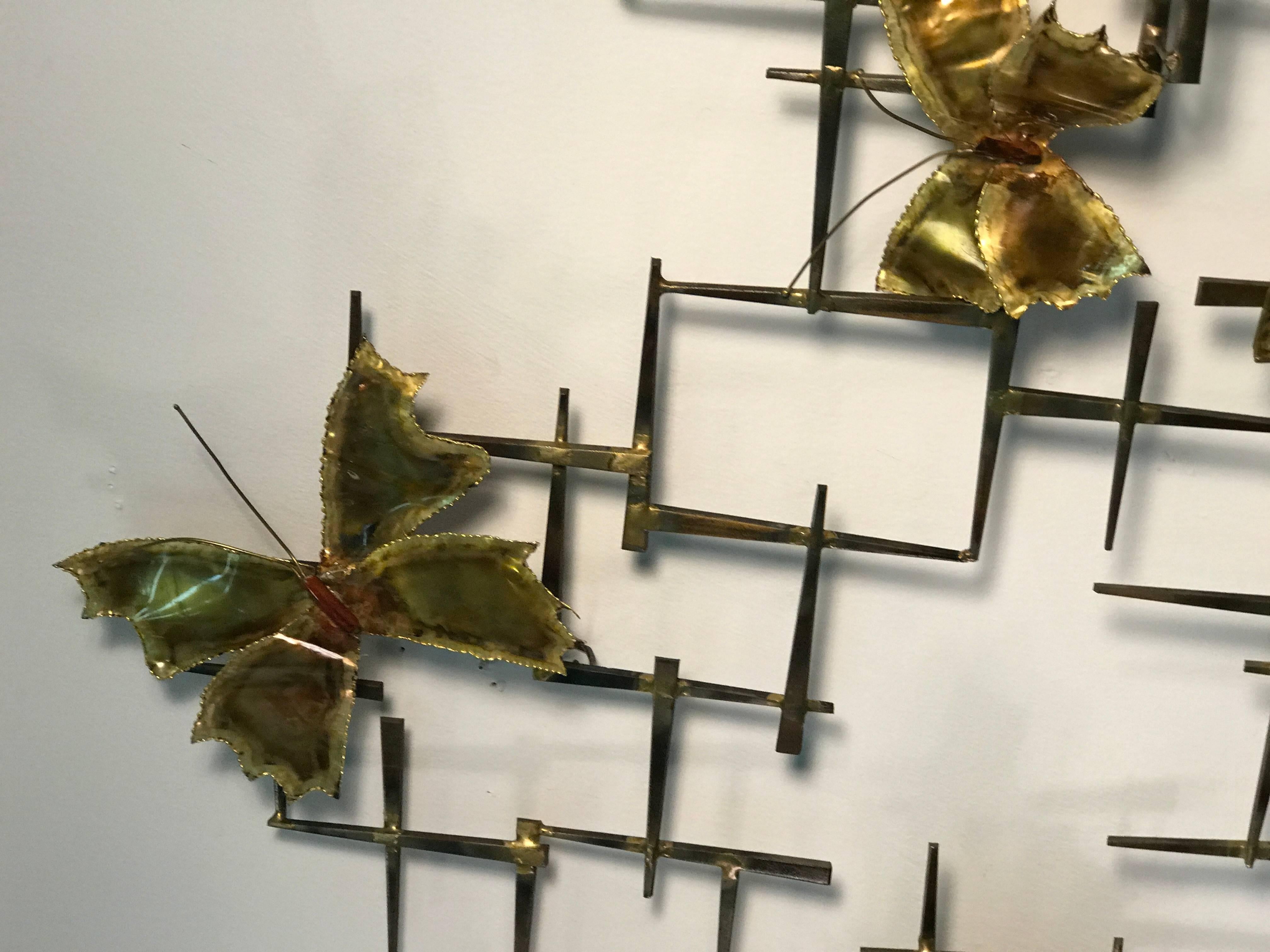 American Monumental Mixed-Metal Nail Wall Sculpture with Butterfly Accents by Curtis Jere For Sale