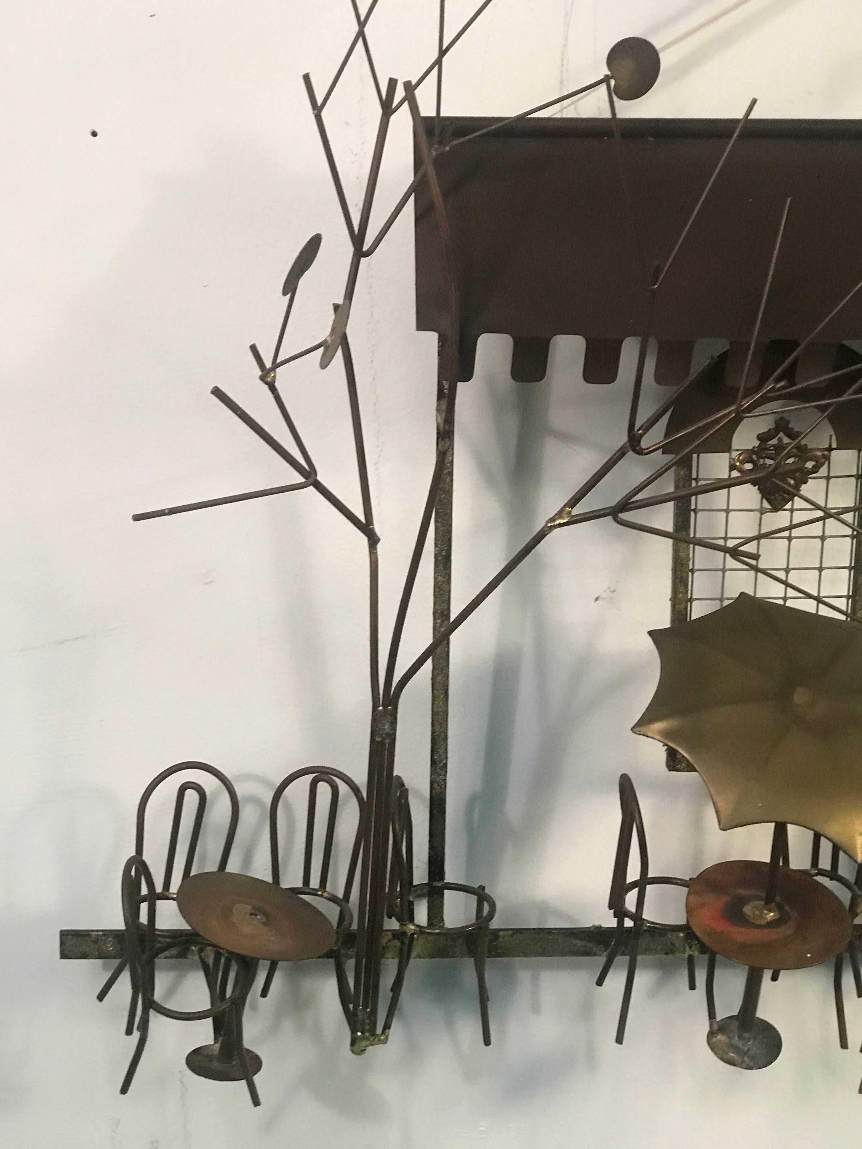 American Wonderful Brass and Copper Wall Sculpture of an Outdoor Cafe by Curtis Jere For Sale