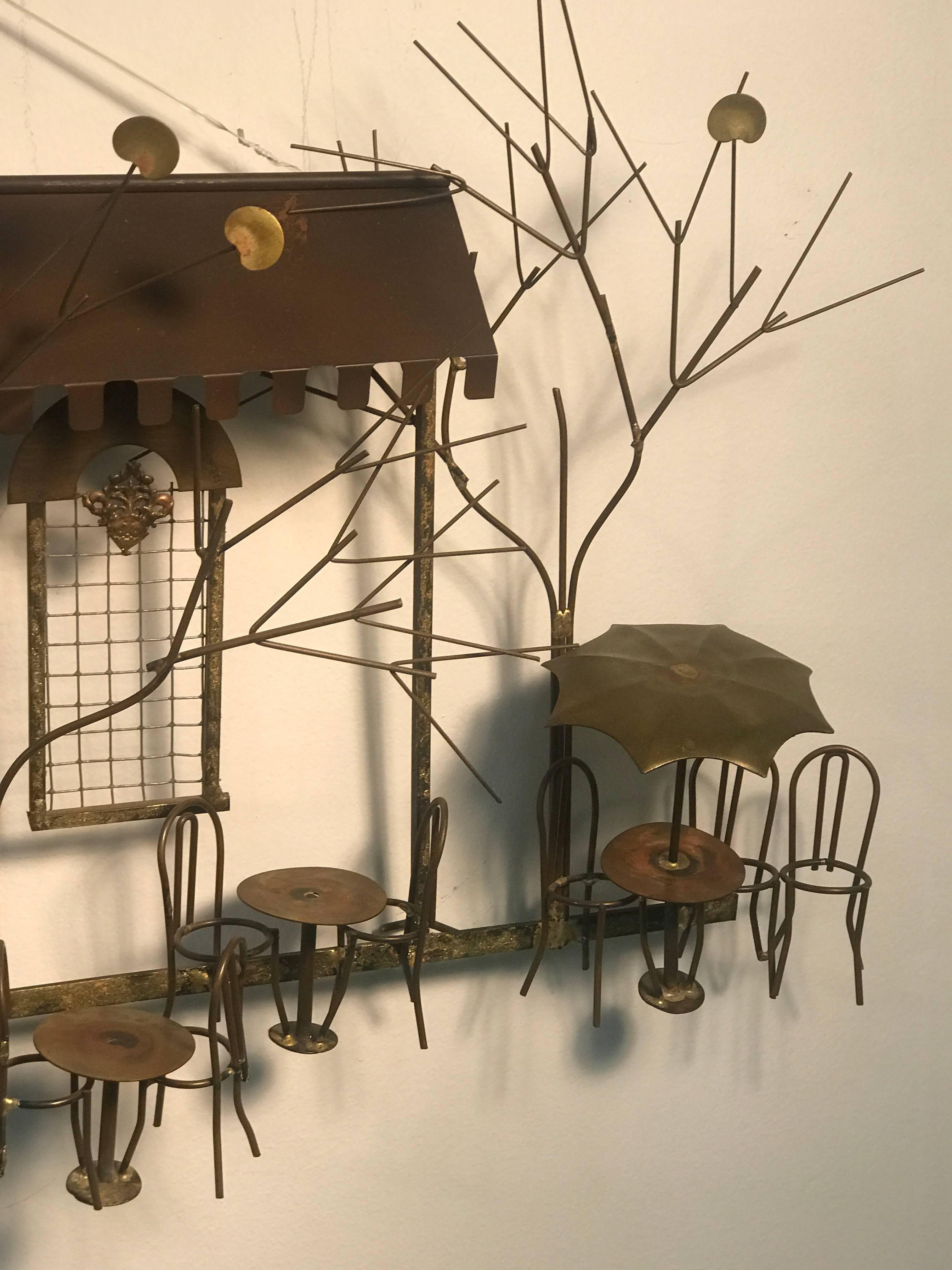 Wonderful Brass and Copper Wall Sculpture of an Outdoor Cafe by Curtis Jere In Good Condition For Sale In Mount Penn, PA