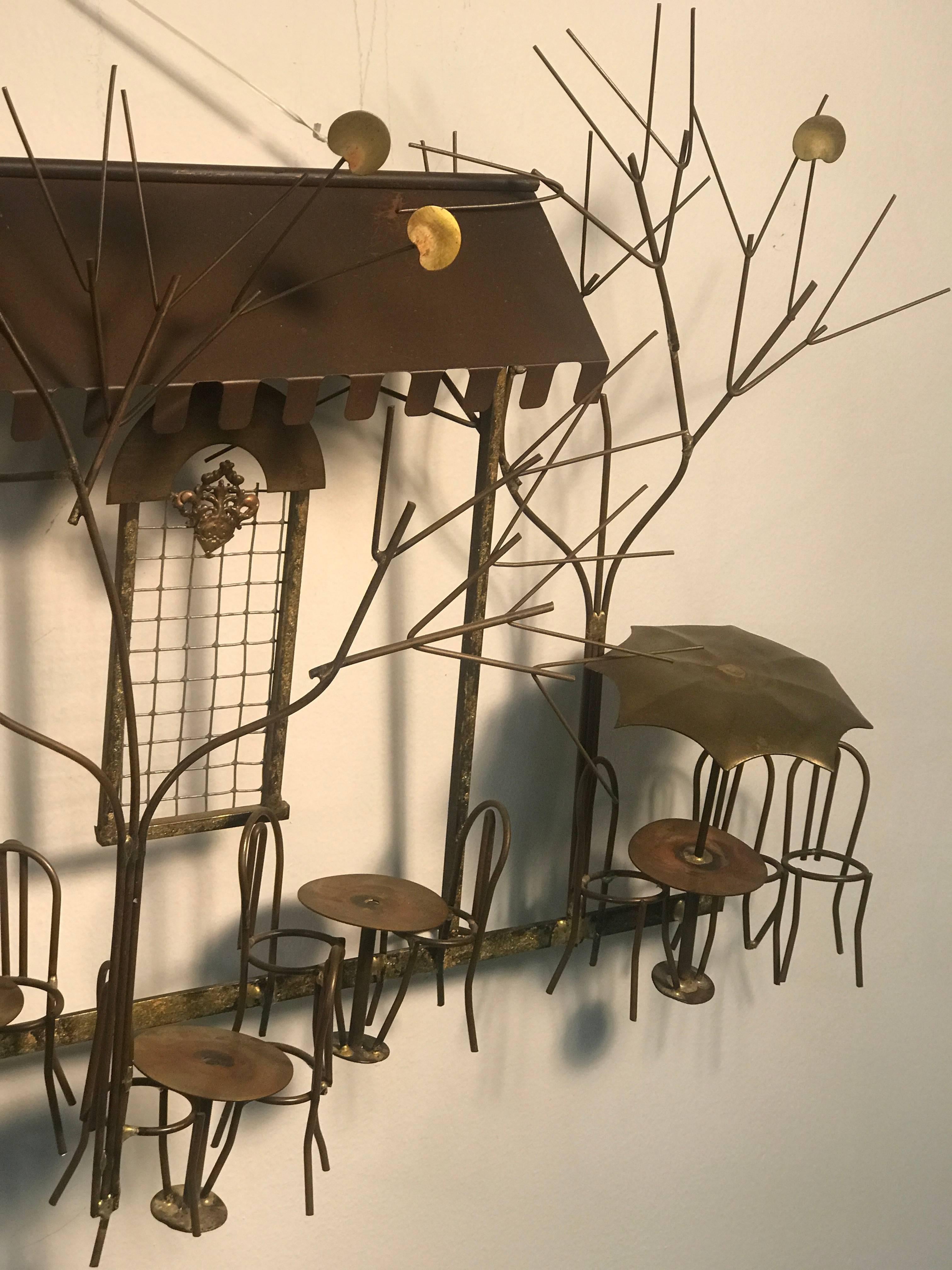 20th Century Wonderful Brass and Copper Wall Sculpture of an Outdoor Cafe by Curtis Jere For Sale