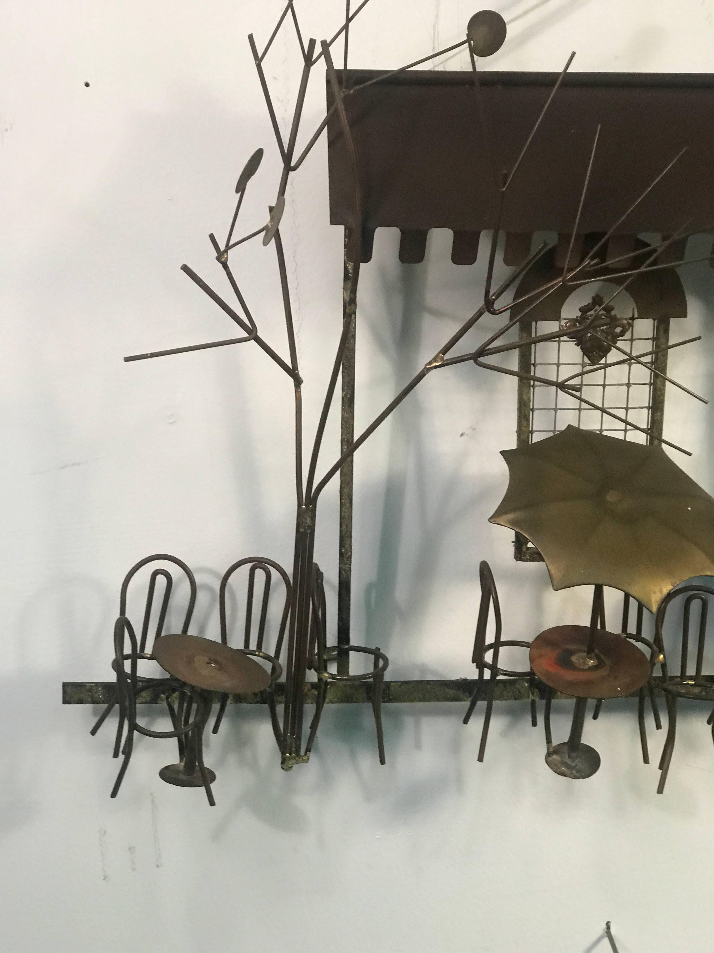 Post-Modern Wonderful Brass and Copper Wall Sculpture of an Outdoor Cafe by Curtis Jere For Sale