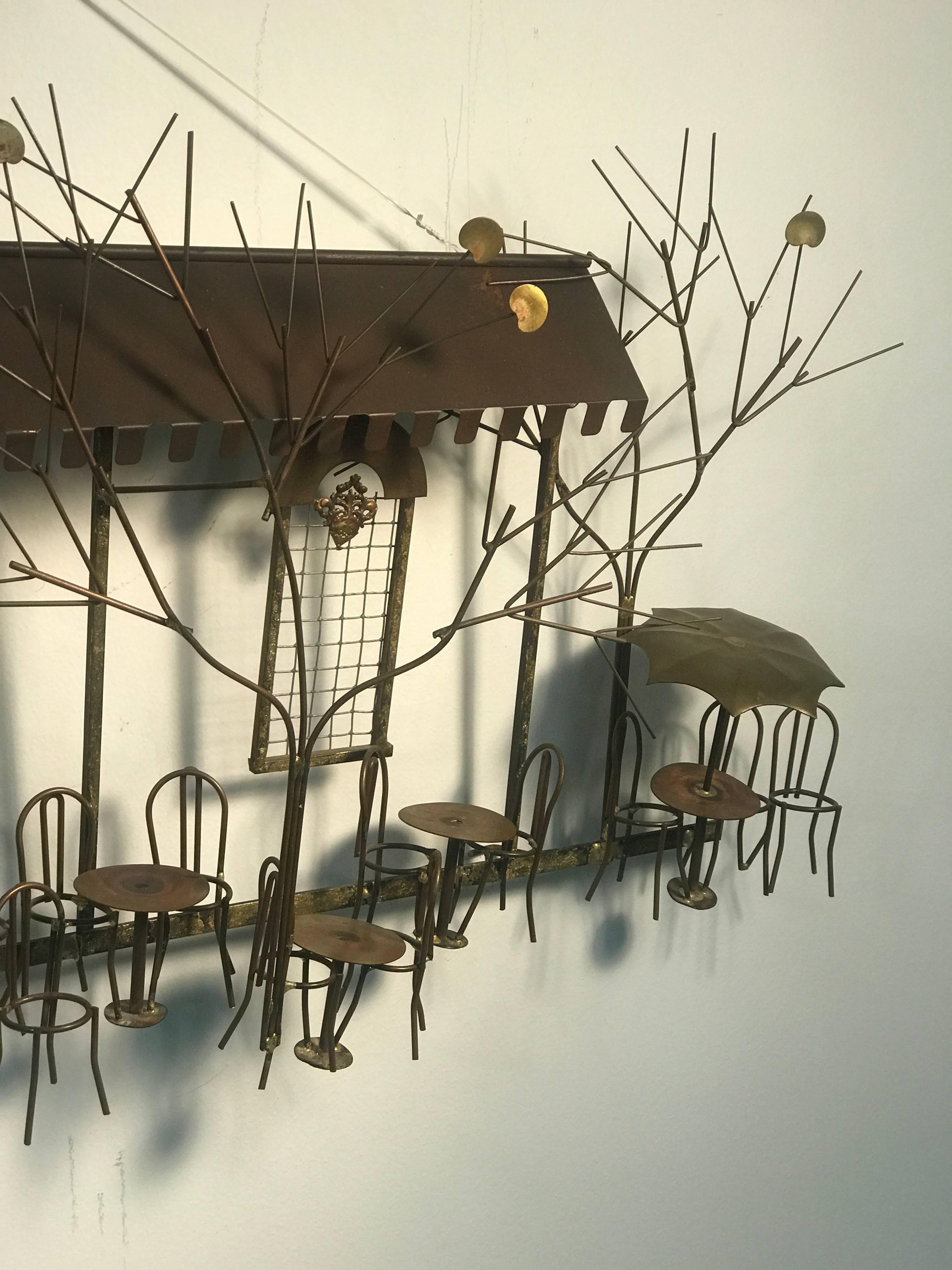 Wonderful Brass and Copper Wall Sculpture of an Outdoor Cafe by Curtis Jere For Sale 1
