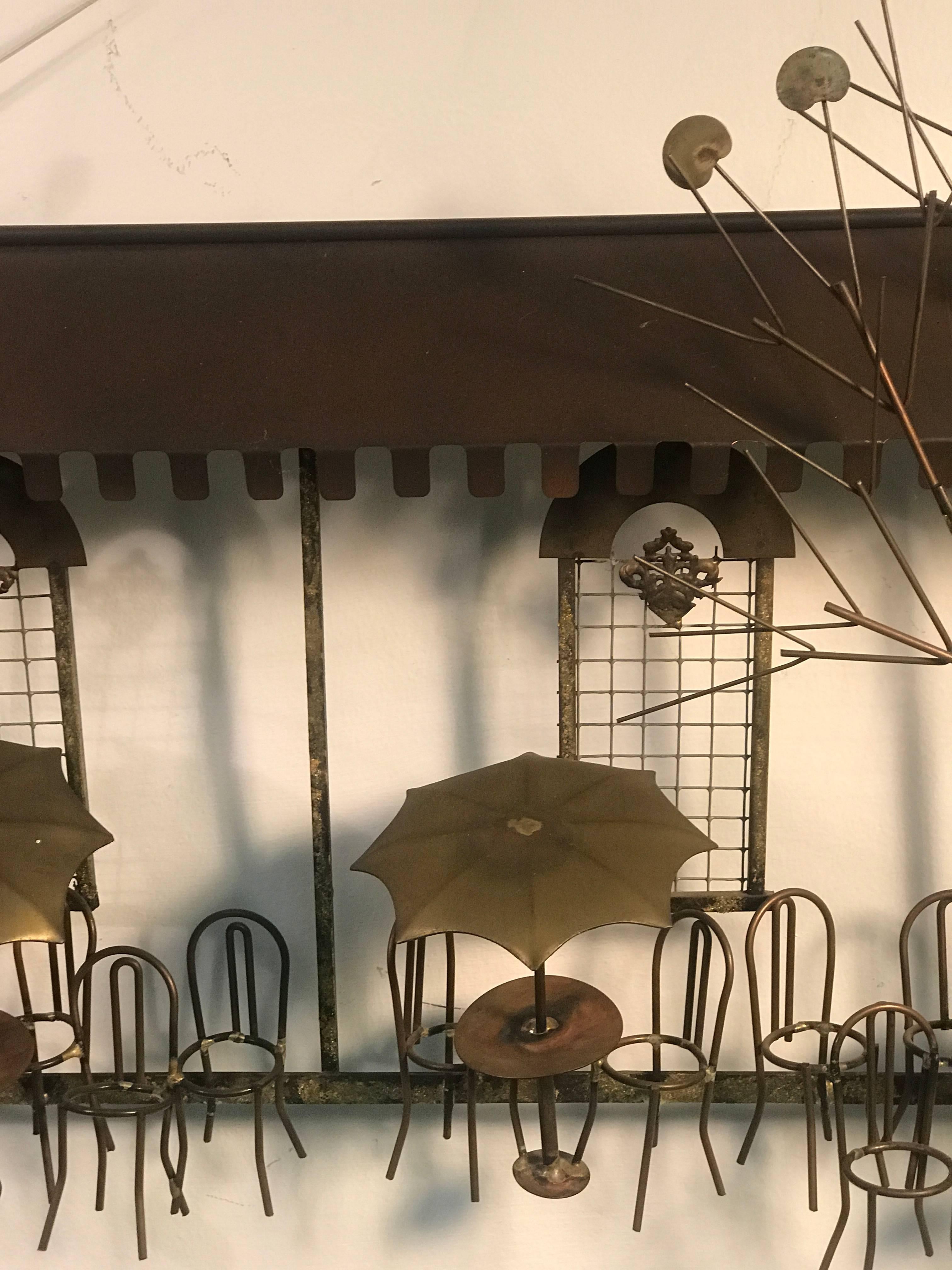 Wonderful Brass and Copper Wall Sculpture of an Outdoor Cafe by Curtis Jere For Sale 3