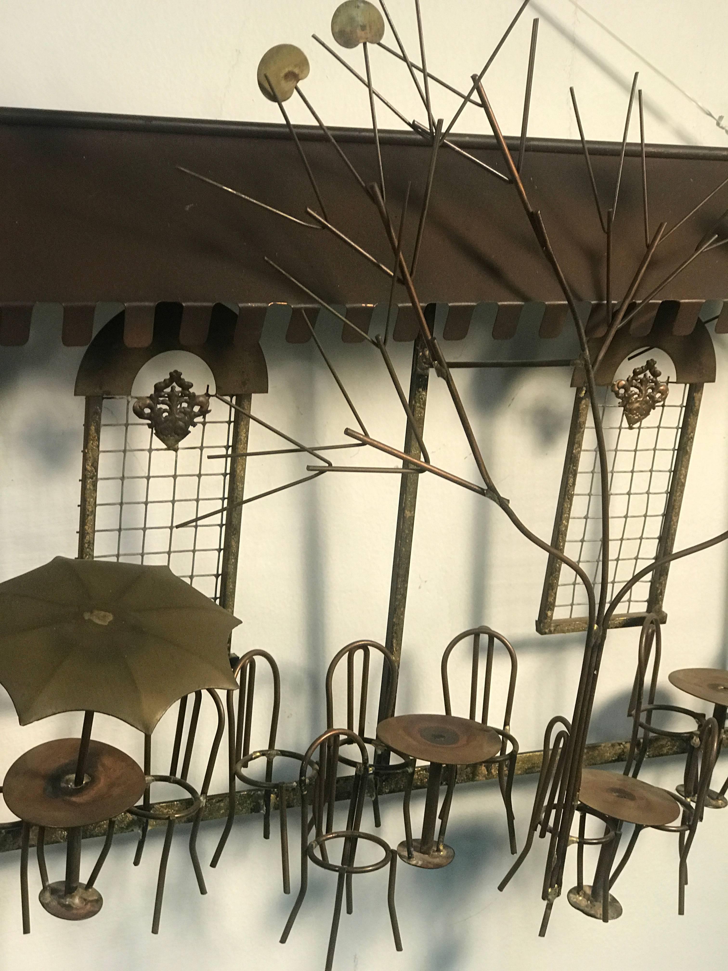 Wonderful Brass and Copper Wall Sculpture of an Outdoor Cafe by Curtis Jere For Sale 2