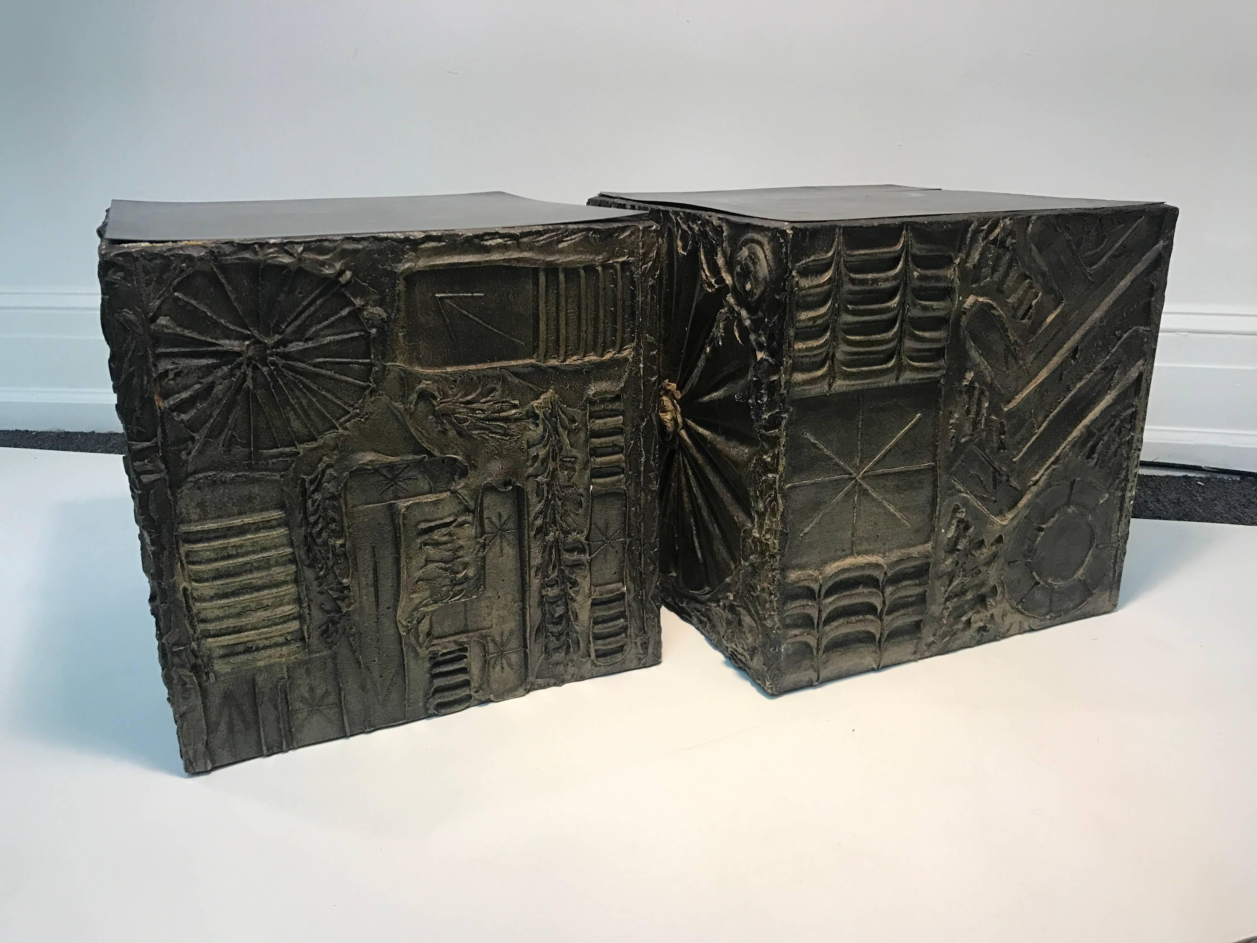 An amazing pair of Adrian Pearsall brutalist, cube shaped end tables, or side tables with great design, circa 1970. Good vintage condition with some wear appropriate with age.