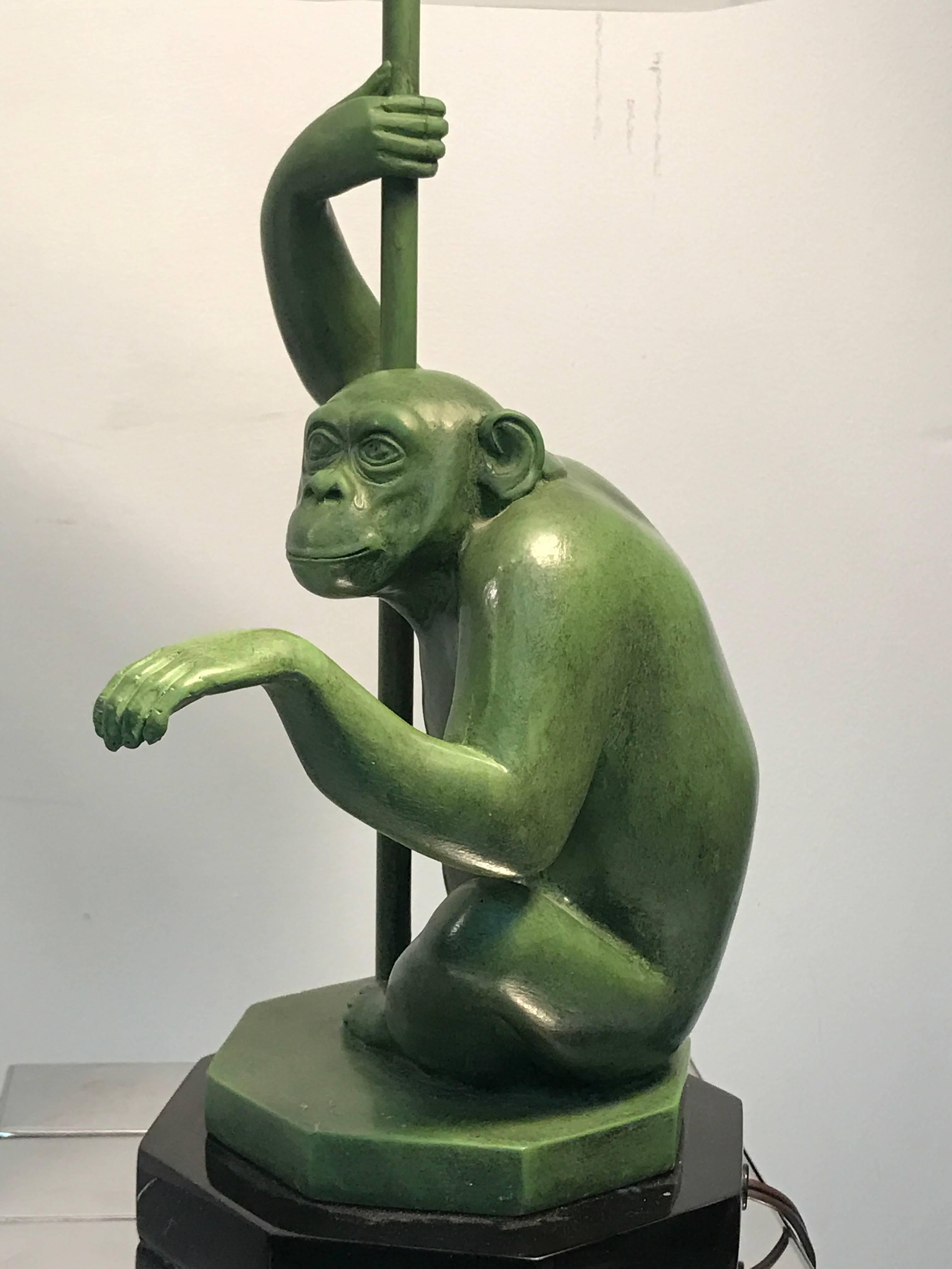 Patinated Magnificent and Rare Sculptural Monkey Table Lamp Attributed to Max Le Verrier For Sale