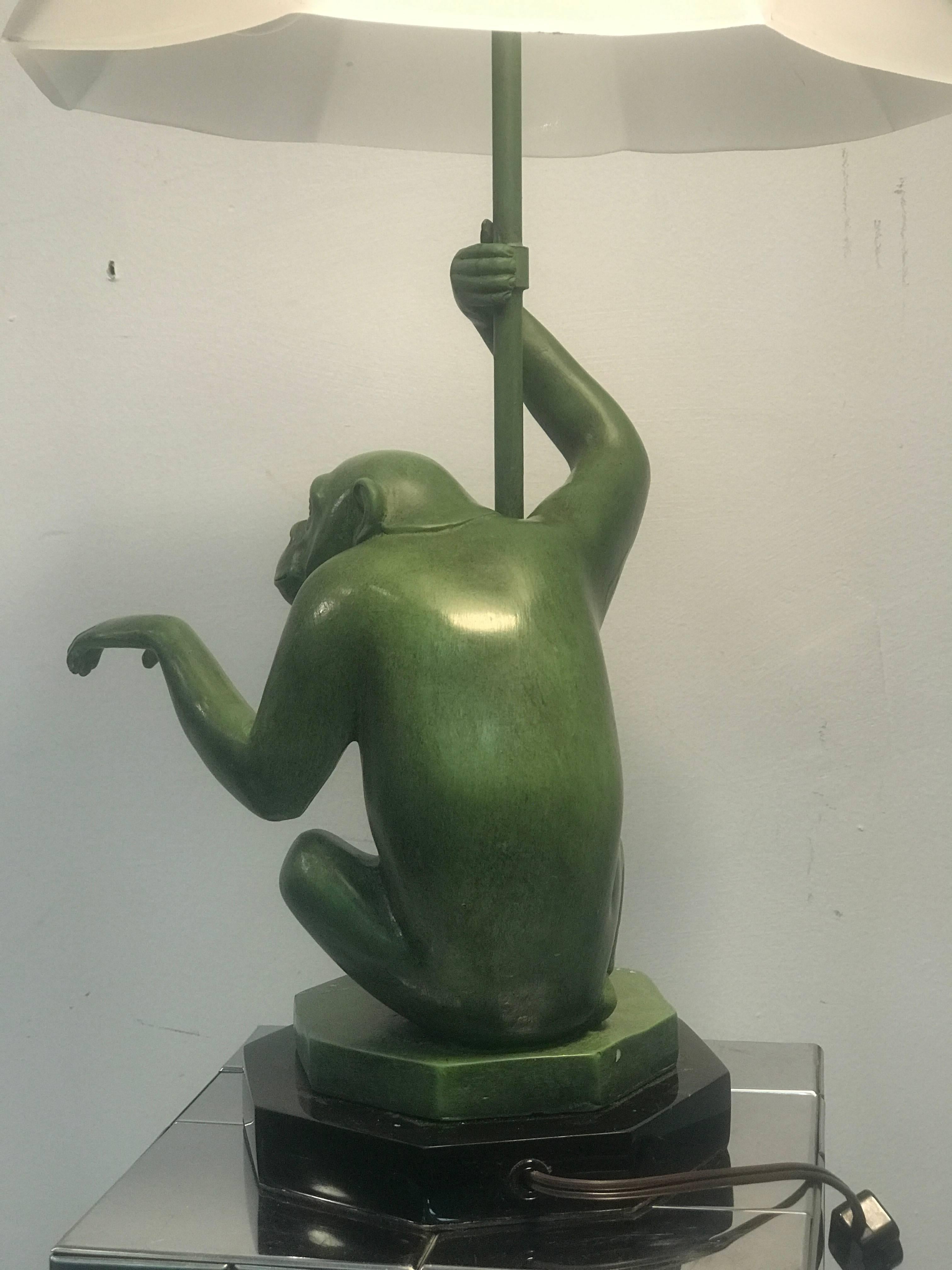 Magnificent and Rare Sculptural Monkey Table Lamp Attributed to Max Le Verrier In Good Condition For Sale In Mount Penn, PA