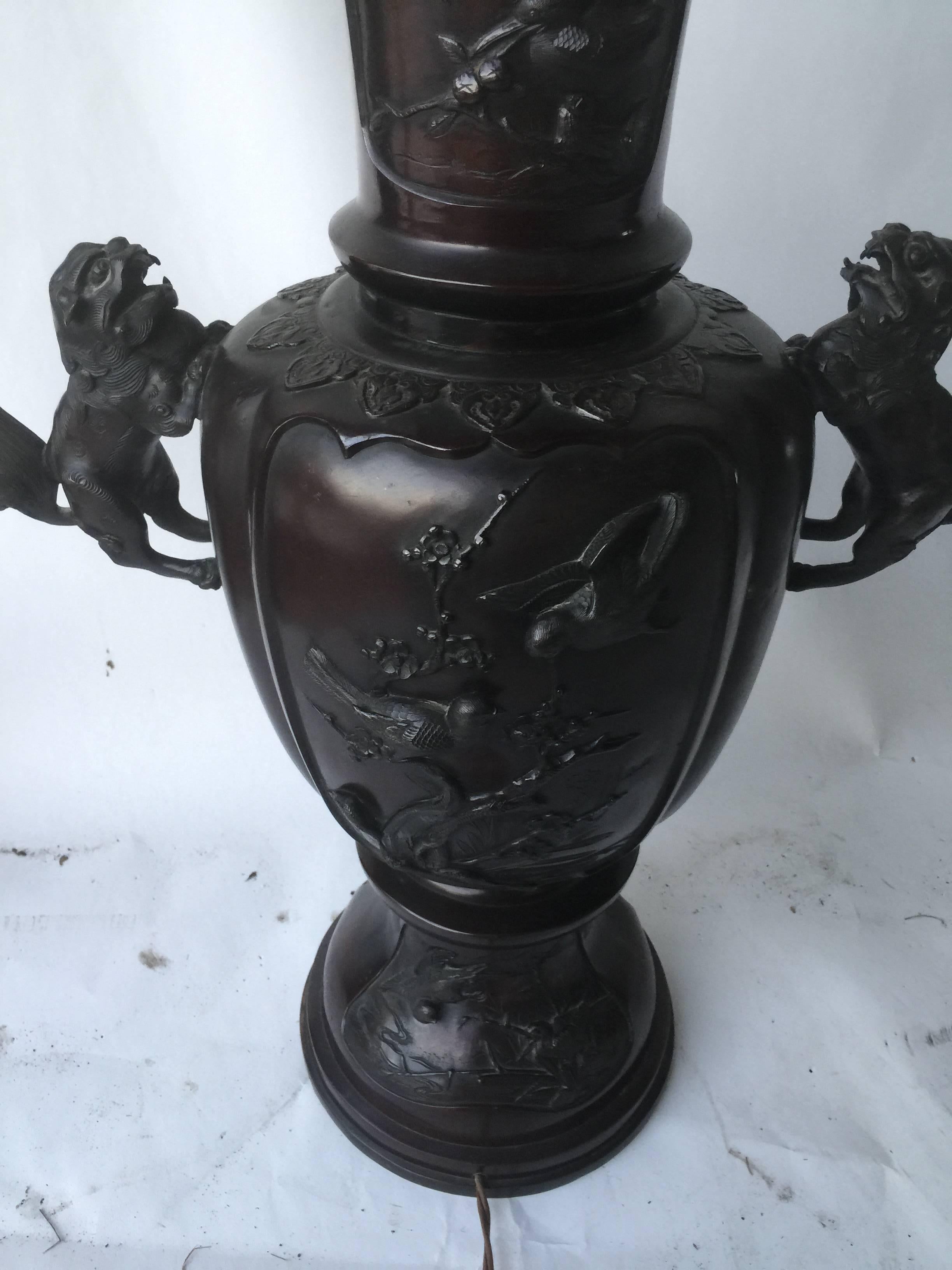 Pair of 19th Century Japanese Bronze Meiji Period Lamps In Excellent Condition For Sale In Mount Penn, PA