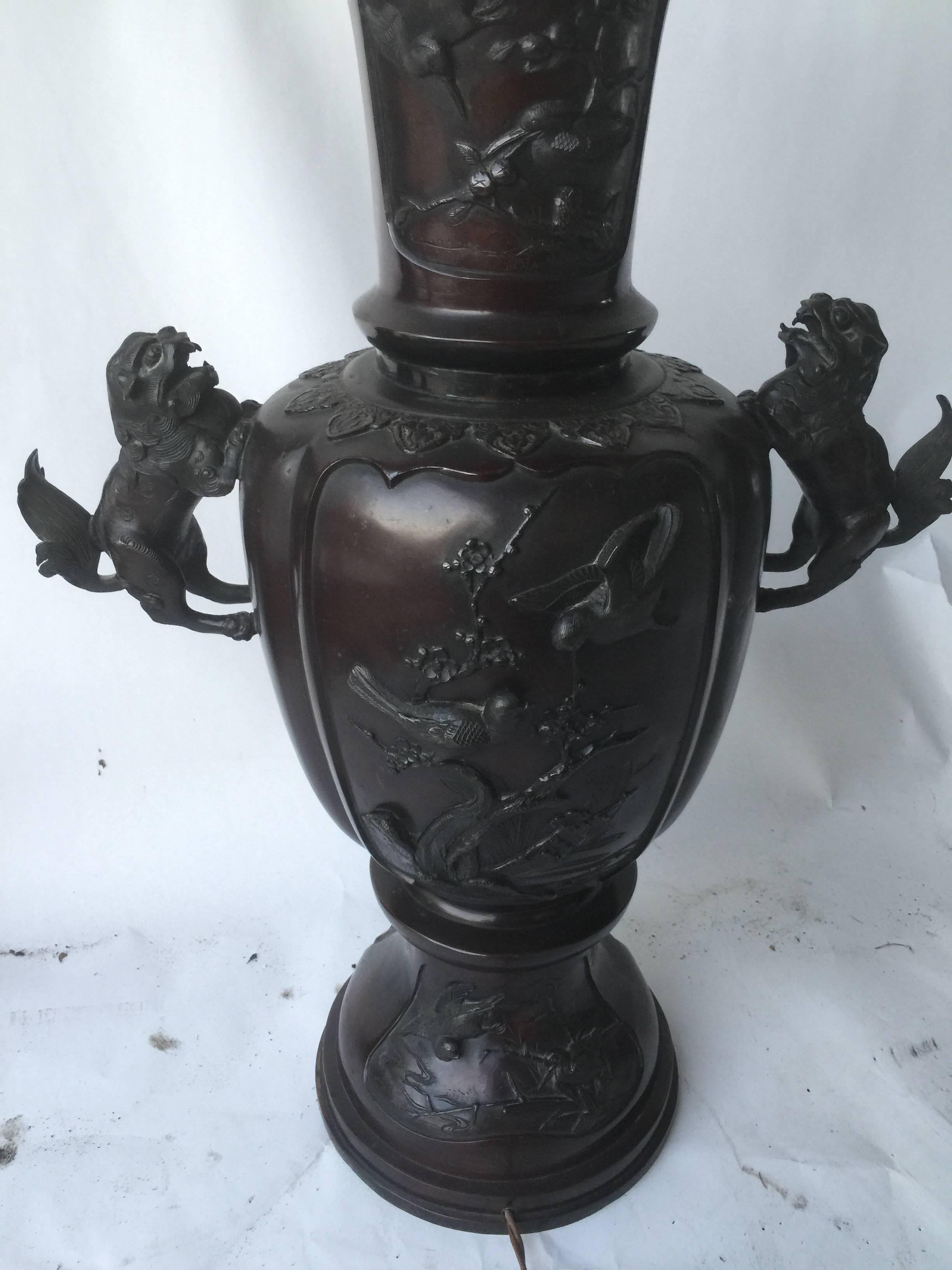 Pair of 19th Century Japanese Bronze Meiji Period Lamps For Sale 6