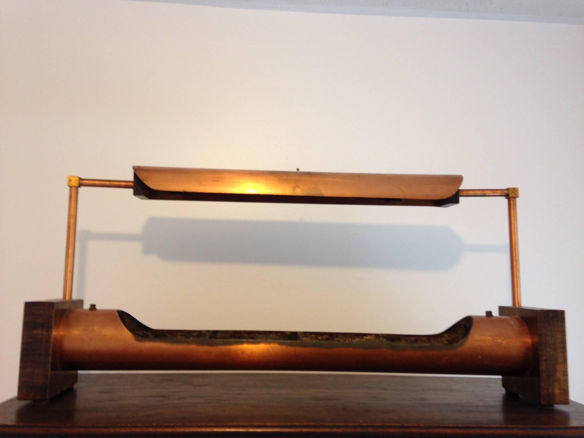  A Great Piece Of Sculptural Art, Unique copper and wood lamp fitted with a copper pipe like vessel equipped to house plants, I feel cactus would do well. There are decorative but functional knobs that can be unscrewed to be filled with water that