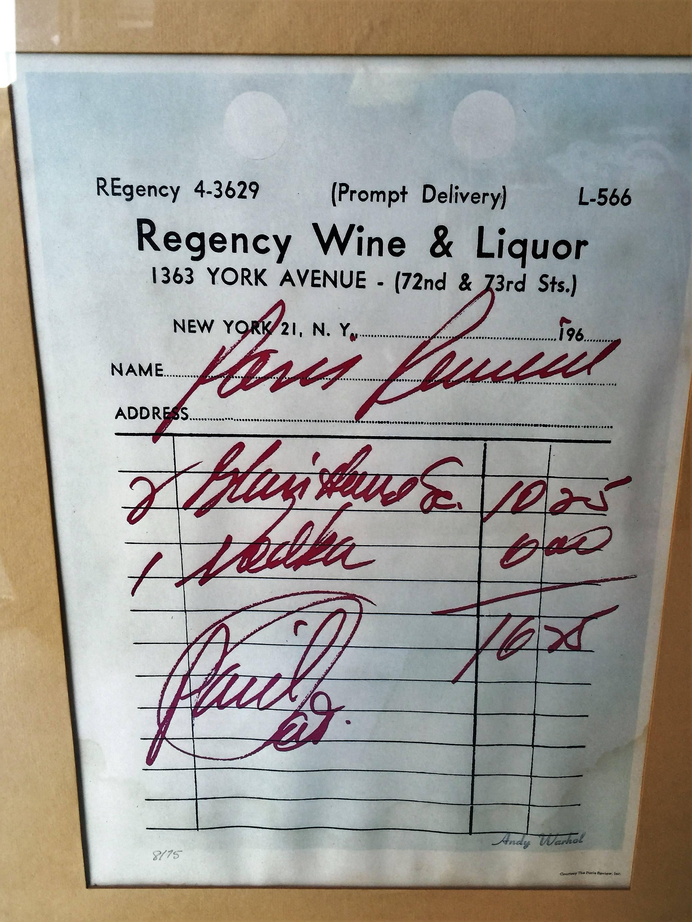 Andy Warhol Paris Review Liquor Receipt Silkscreen In Good Condition For Sale In Mount Penn, PA