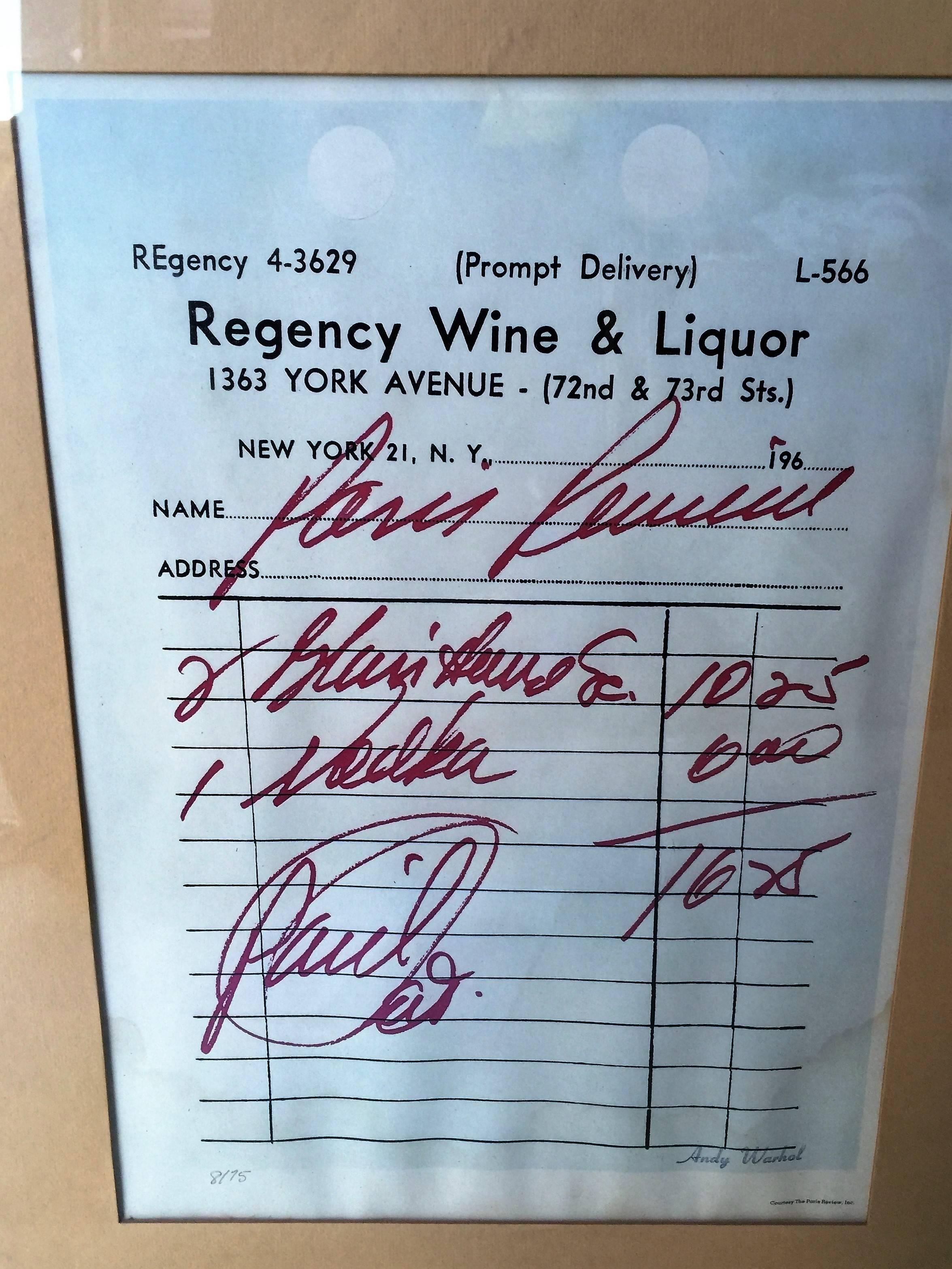 Paris Review liquor receipt circa 1967 with Andy Warhol stamped signature in lower right corner and numbered in pencil 8/75 printed on wove paper. Die cut holes on top, in matted chrome frame also stamped: Courtesy The Paris Review Inc.