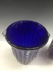 Pair of Cobalt Blue Italian Murano Glass Barovier & Toso Vases with Infused Gold