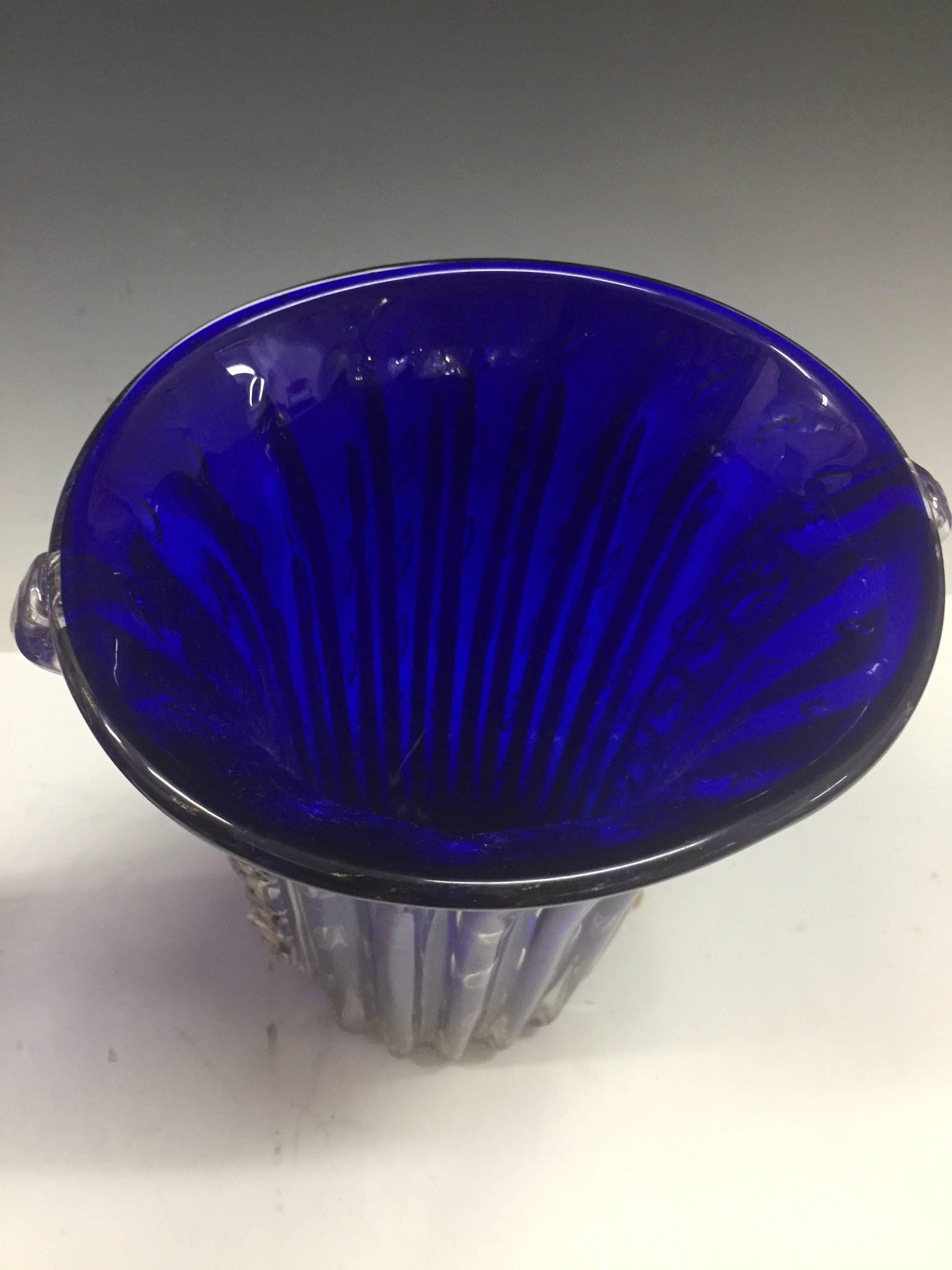 Modern Pair of Cobalt Blue Italian Murano Glass Barovier & Toso Vases with Infused Gold For Sale