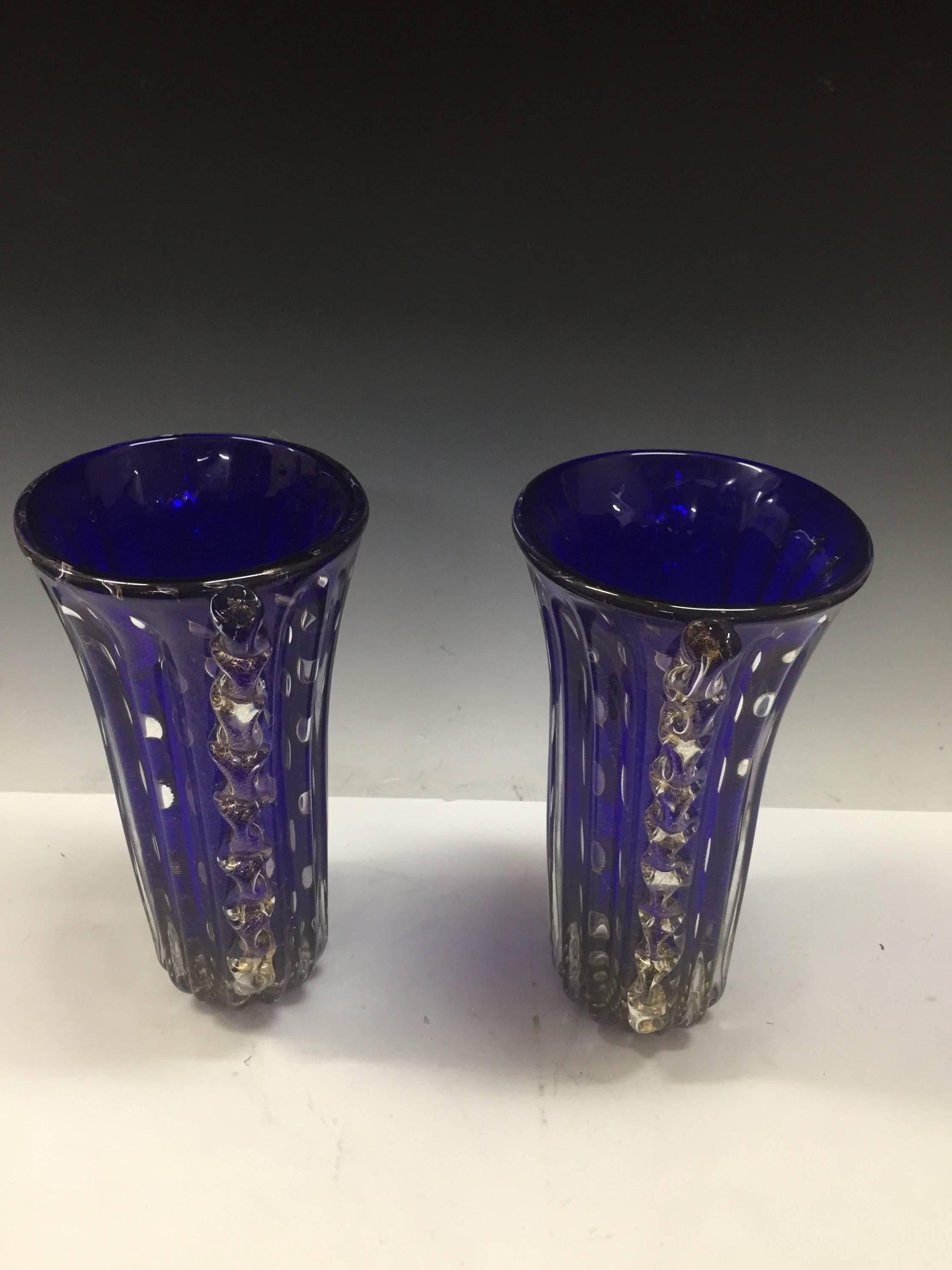 Pair of Cobalt Blue Italian Murano Glass Barovier & Toso Vases with Infused Gold In Good Condition For Sale In Mount Penn, PA