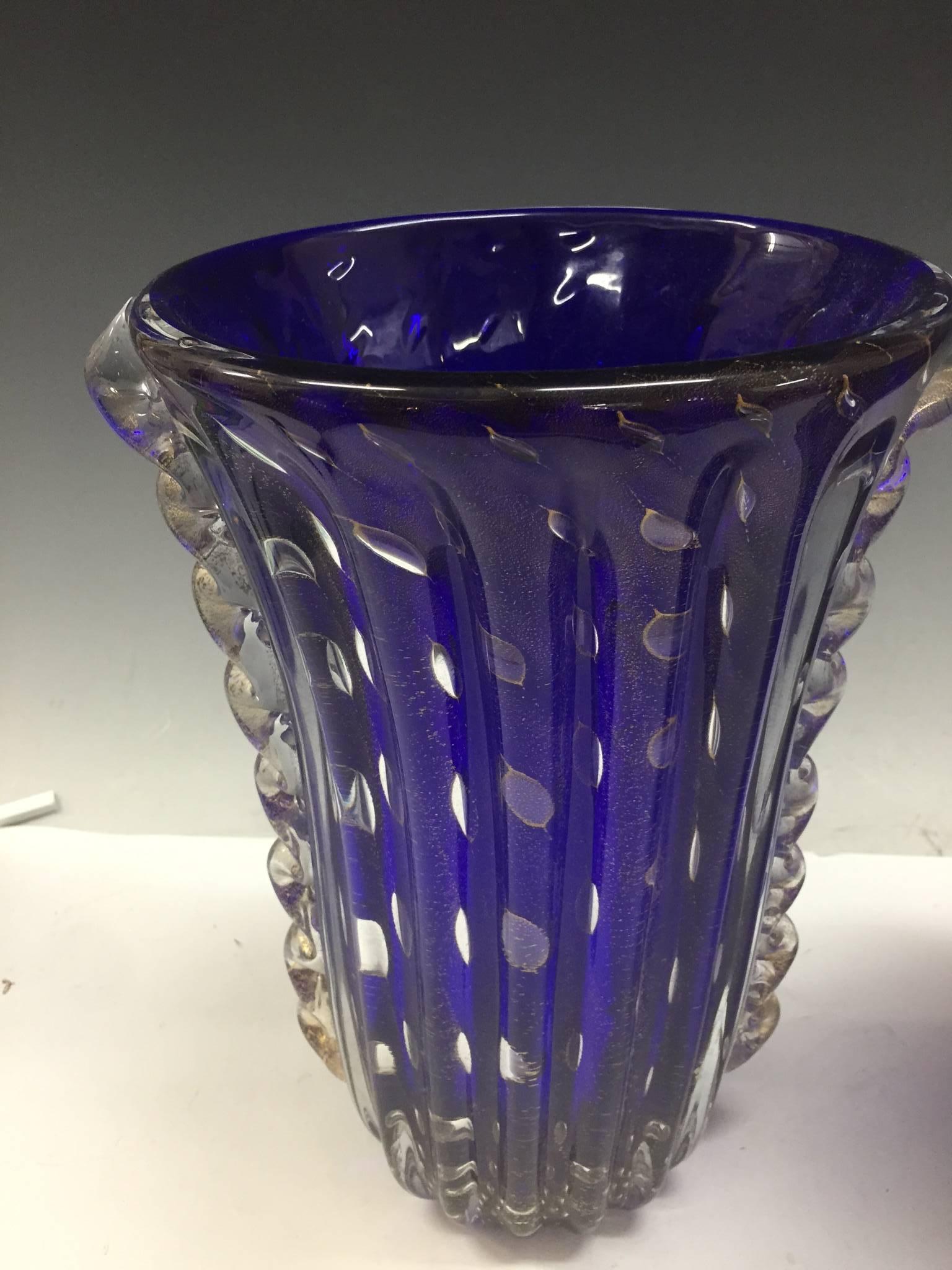 Pair of Cobalt Blue Italian Murano Glass Barovier & Toso Vases with Infused Gold For Sale 1