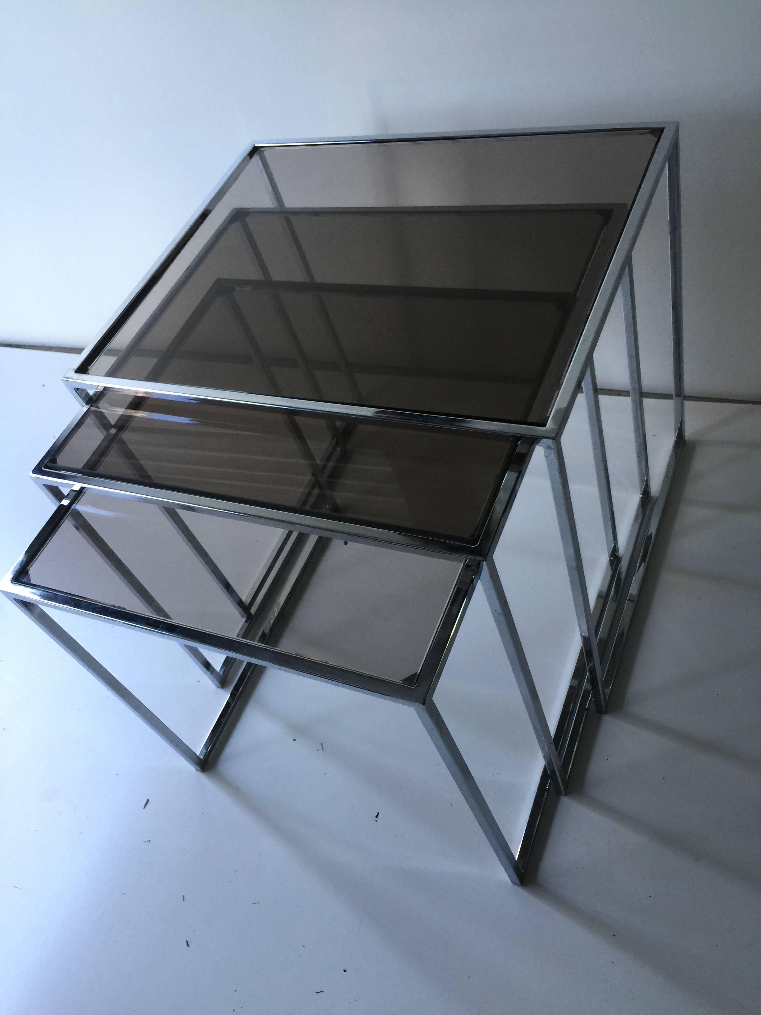 20th Century Set of Milo Baughman Chrome and Smoked Glass Stacking or Nesting Tables