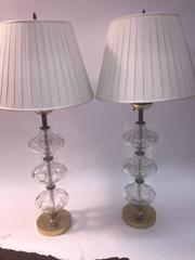 Stunning Pair of Modernist Etched Design Clear Glass and Brass Lamps