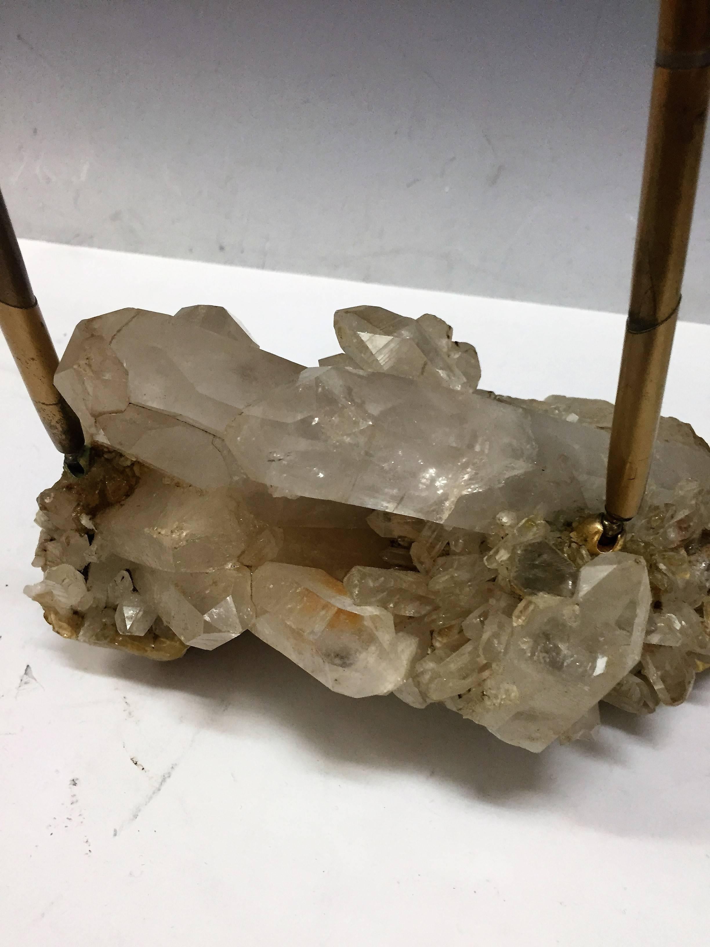 Awesome natural quartz crystal desk accessory designed by Carole Stupell for your high end modernistic desk fitted with two polished brass pens. A rare and scarce design.