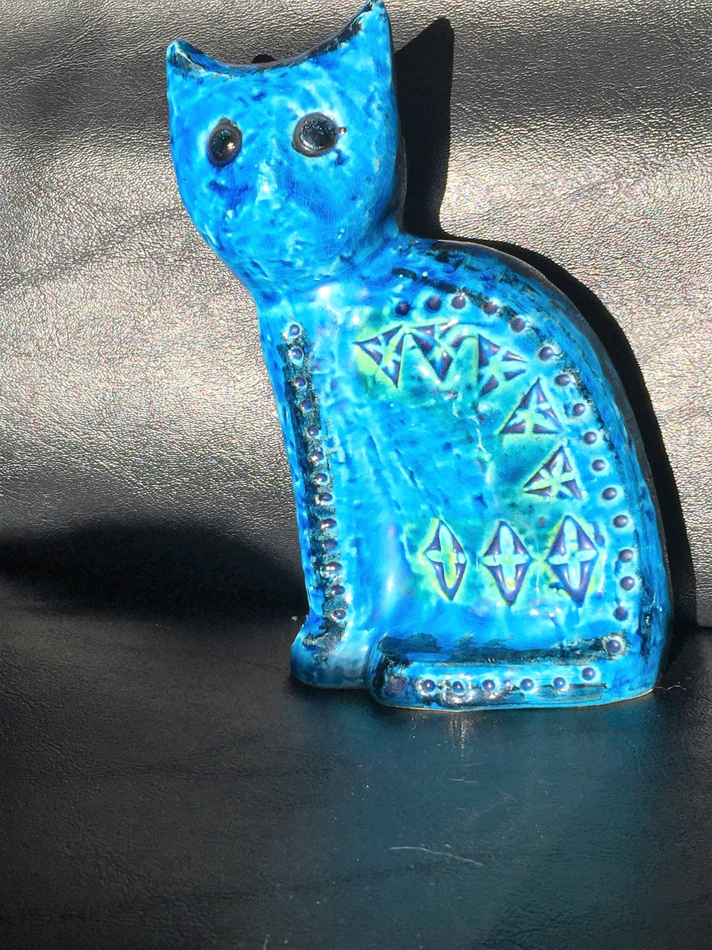 Italian Bitossi Double Sided Blue Ceramic Cat For Sale