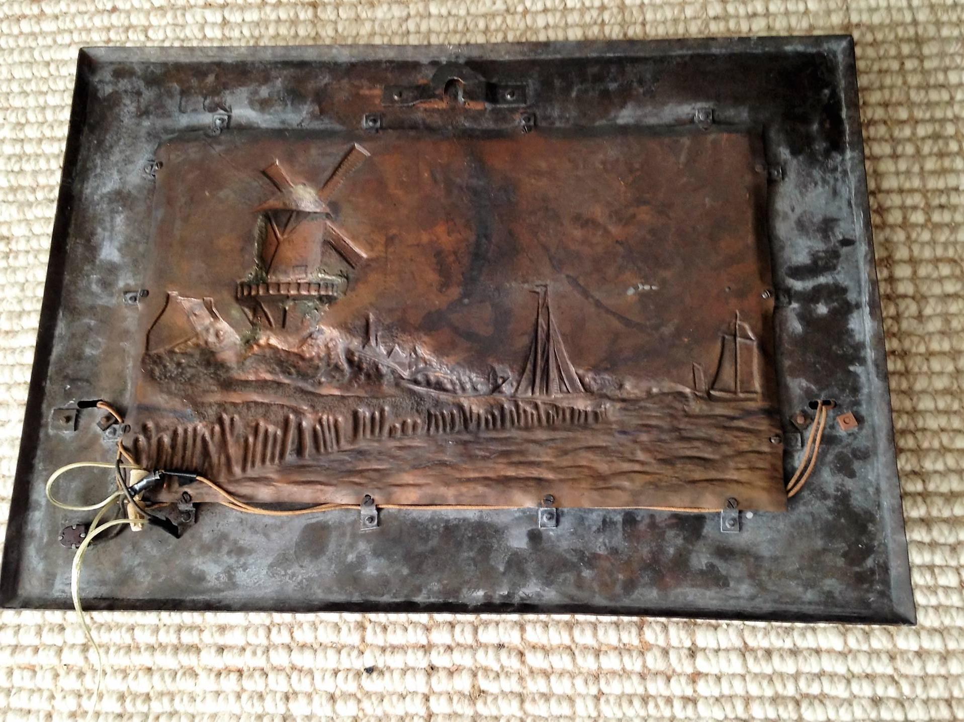 Great Arts and Crafts Bronze Repousee Windmill with Lighthouse Sconces Plaque 2