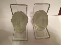 Pair of Male Sculptural Glass Bookends in the Manner of Lalique