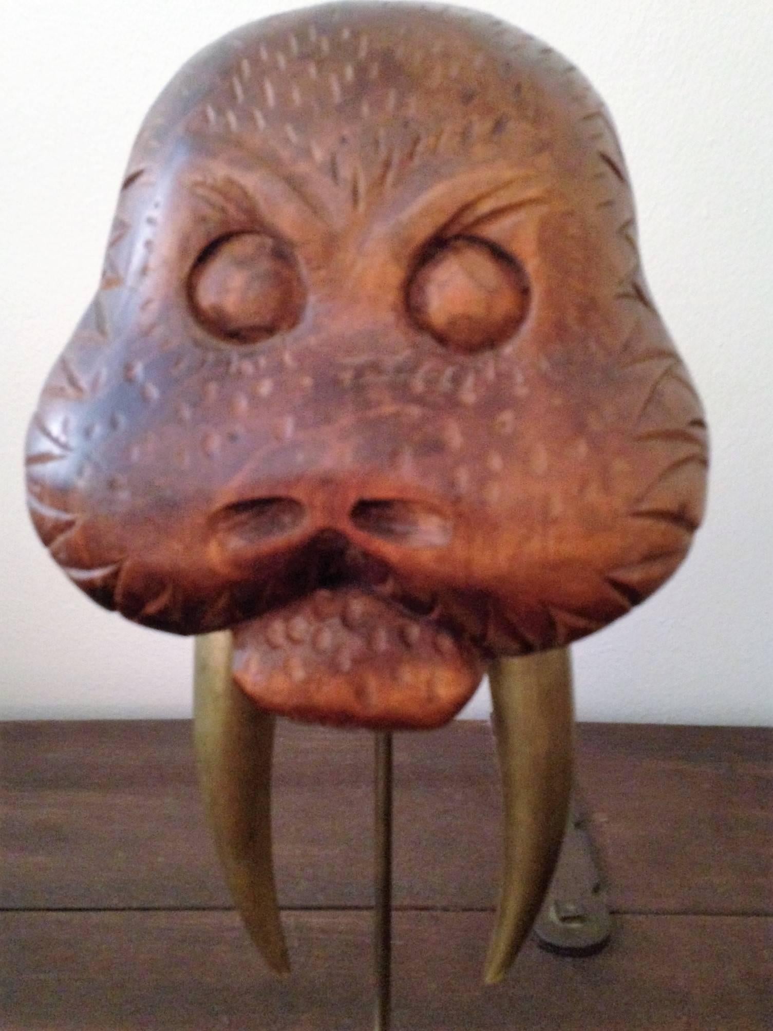 Spanish Modernist Wood and Brass Tusk Walrus Sculpture For Sale