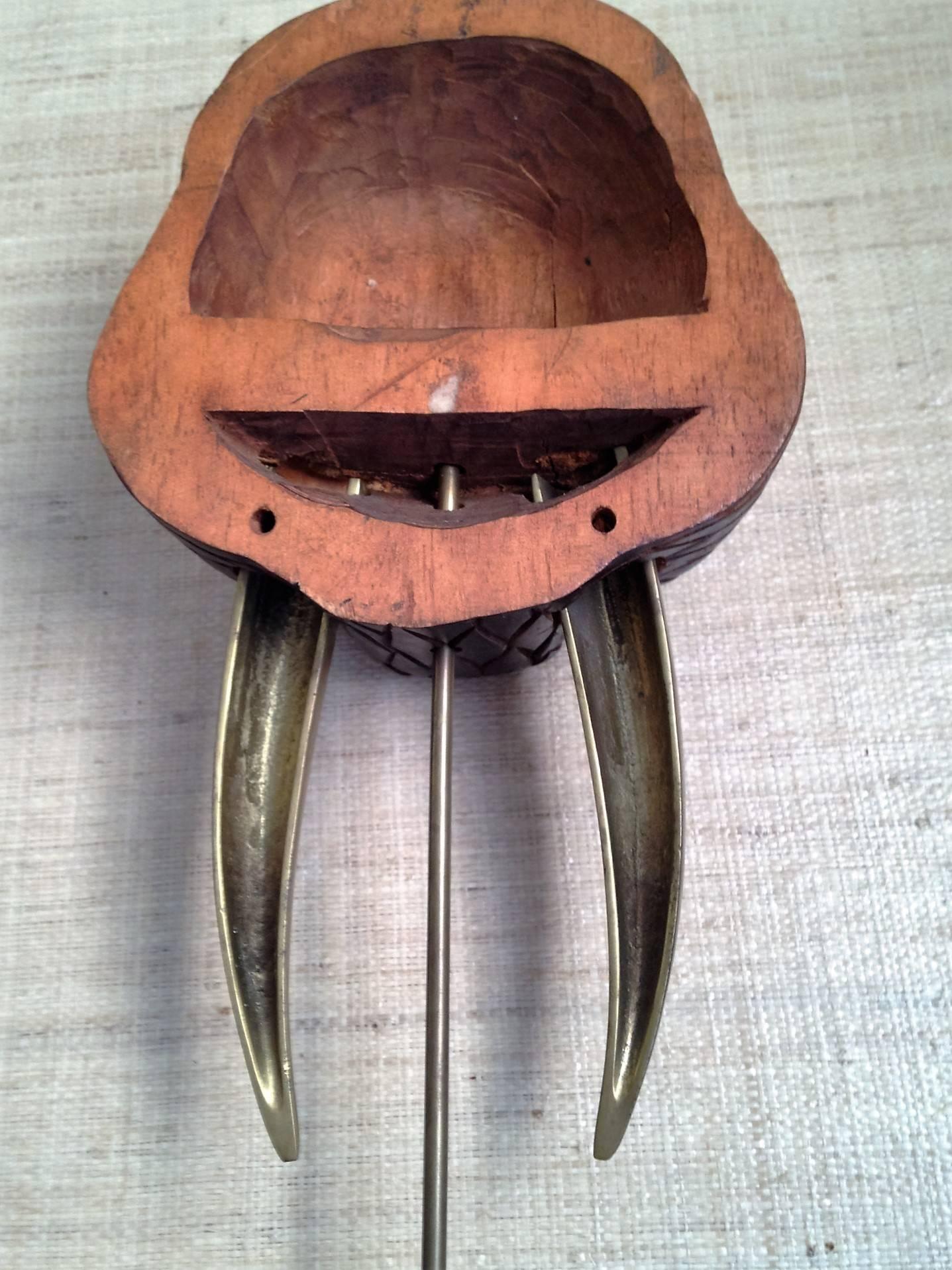 Modernist Wood and Brass Tusk Walrus Sculpture For Sale 1