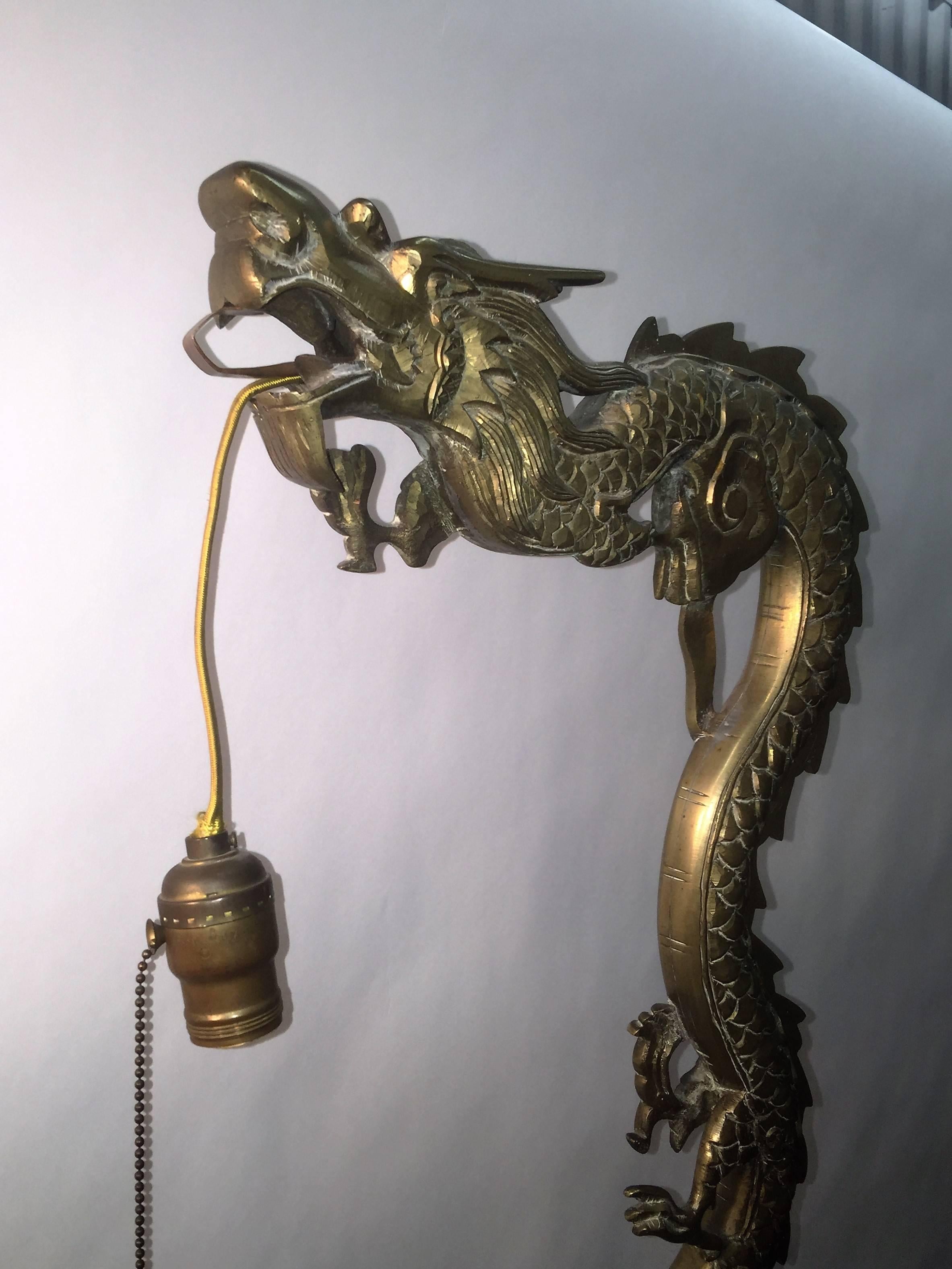 Early 20th Century 1920s Fierce Mystical Chinese Brass Dragon Floor Lamp For Sale