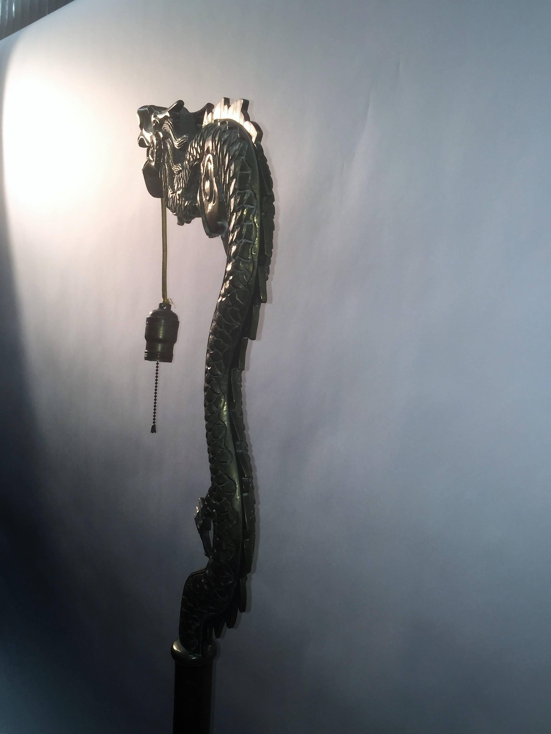 1920s Fierce Mystical Chinese Brass Dragon Floor Lamp For Sale 3