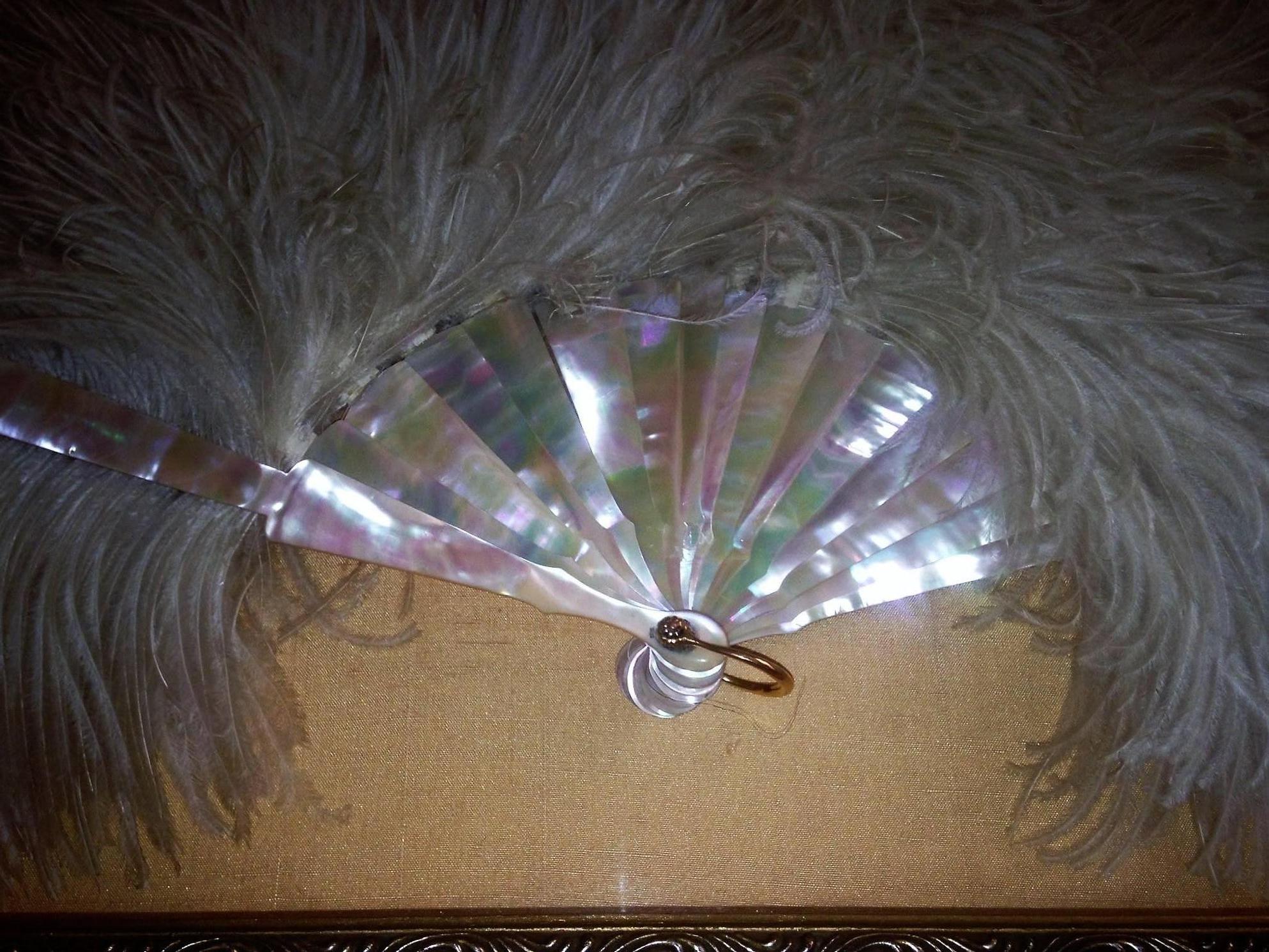 Art Deco Tiffany & Company Ostrich Feathers and Mother-of-Pearl Fan in Silver Leaf Frame For Sale