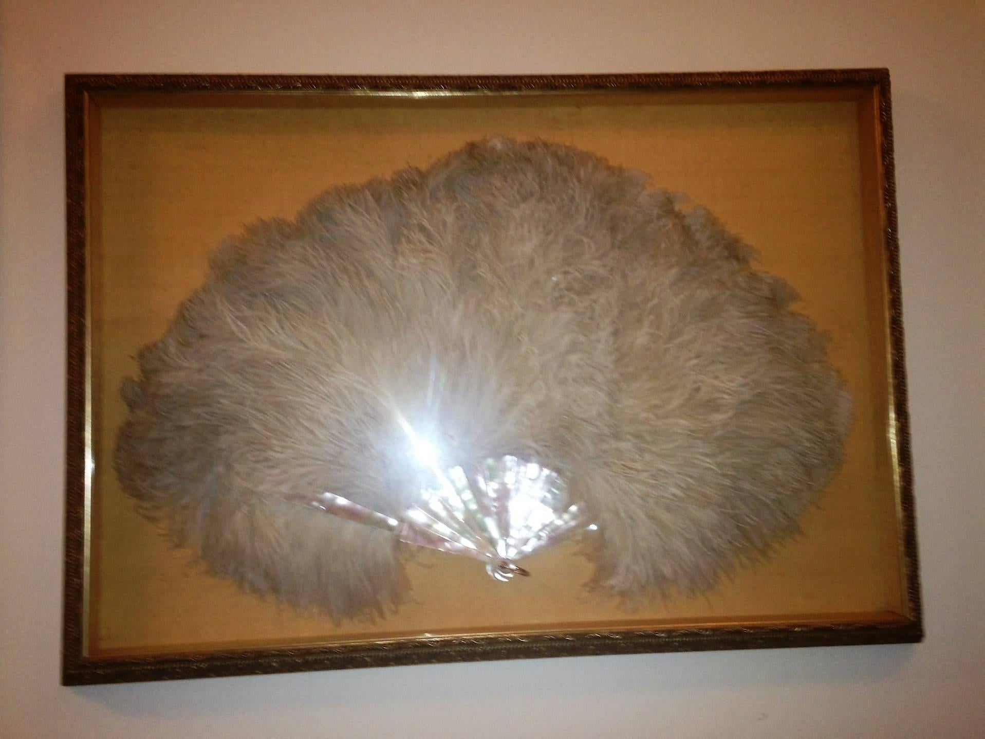 Beautiful Opulent Flapper Era Ostrich feather fan with mother-of-pearl handle and gold filled ring holder marked Tiffany & Co. Mounted on beautiful fabric in quality silver leaf frame, this is a great wall hanging for a High End Feminine Boudoir. I