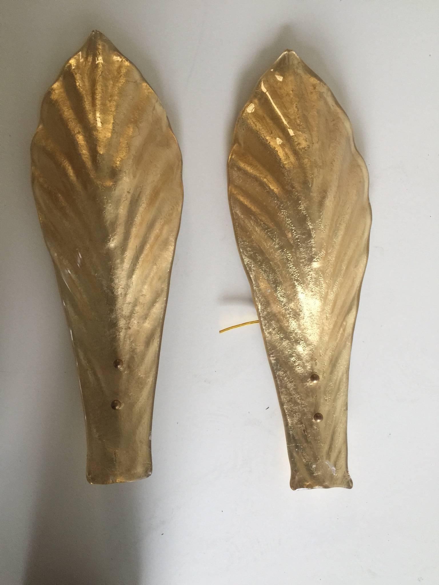 Mid-Century Modern Midcentury Pair of Italian Gold Color Murano Glass Leaf Sconces For Sale