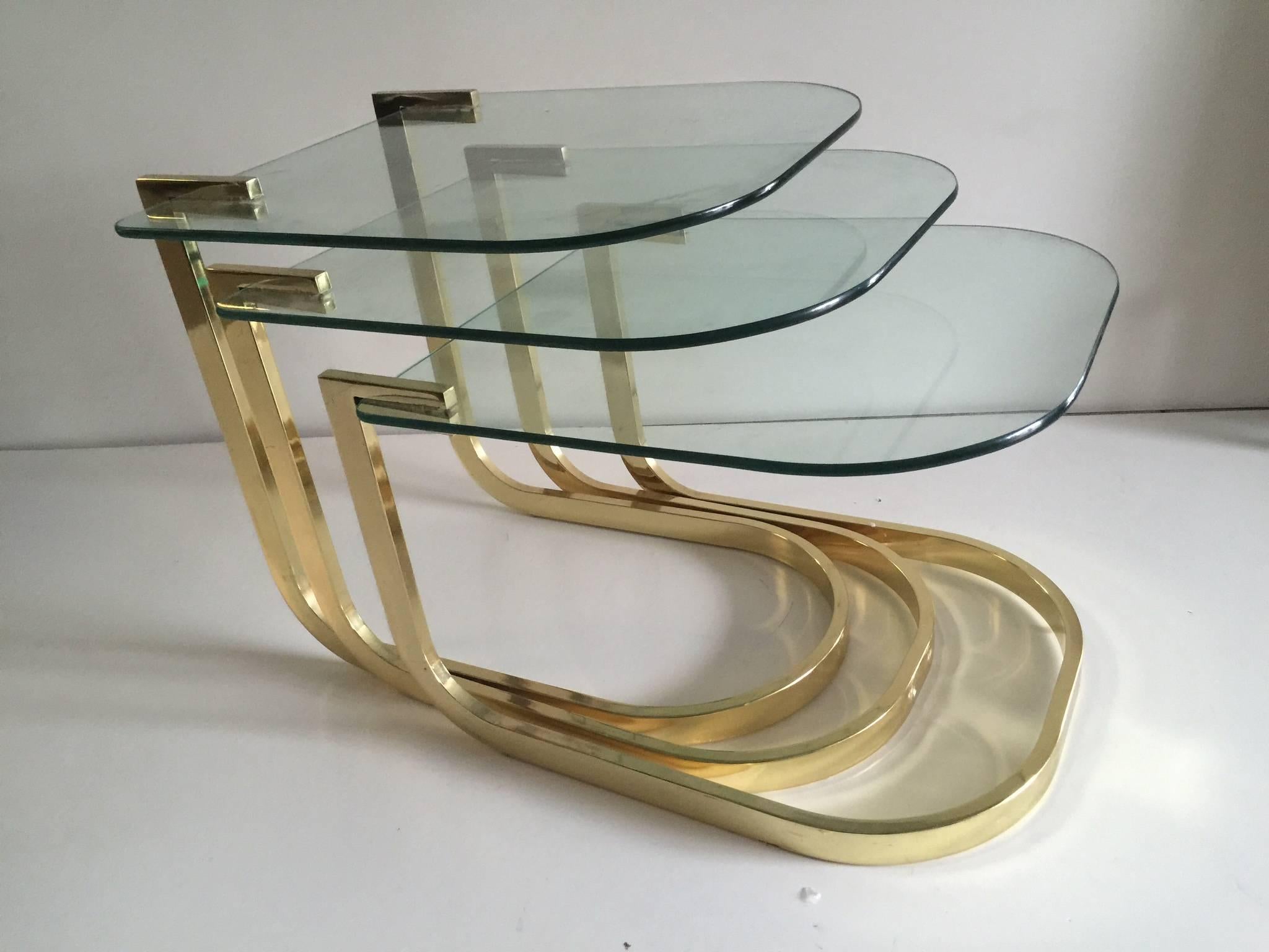 Mid-Century Modern Modern Set of Three Brass Flat Bar Milo Baughman Nesting or Stacking Tables For Sale