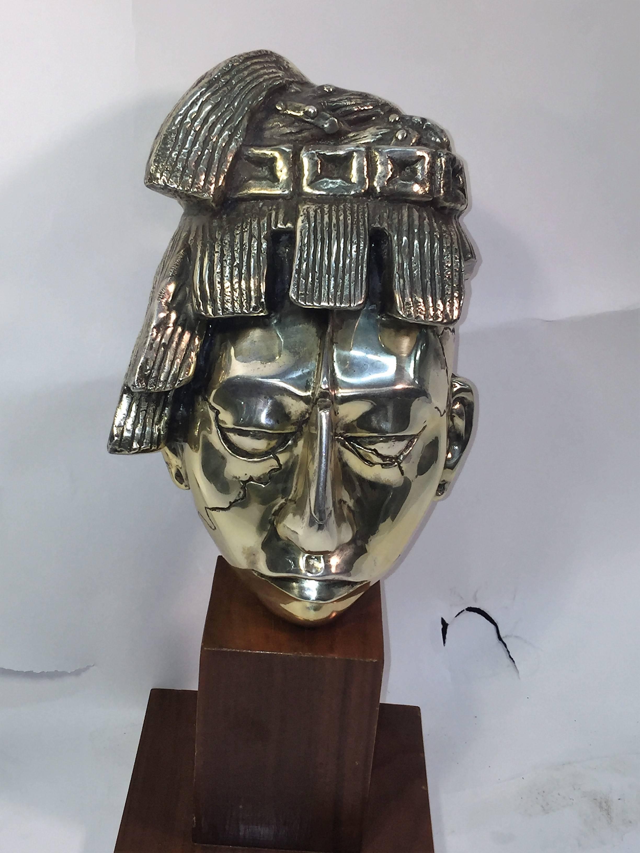 Abstract Silvered Bronze Aztec Warrior Bust For Sale 1
