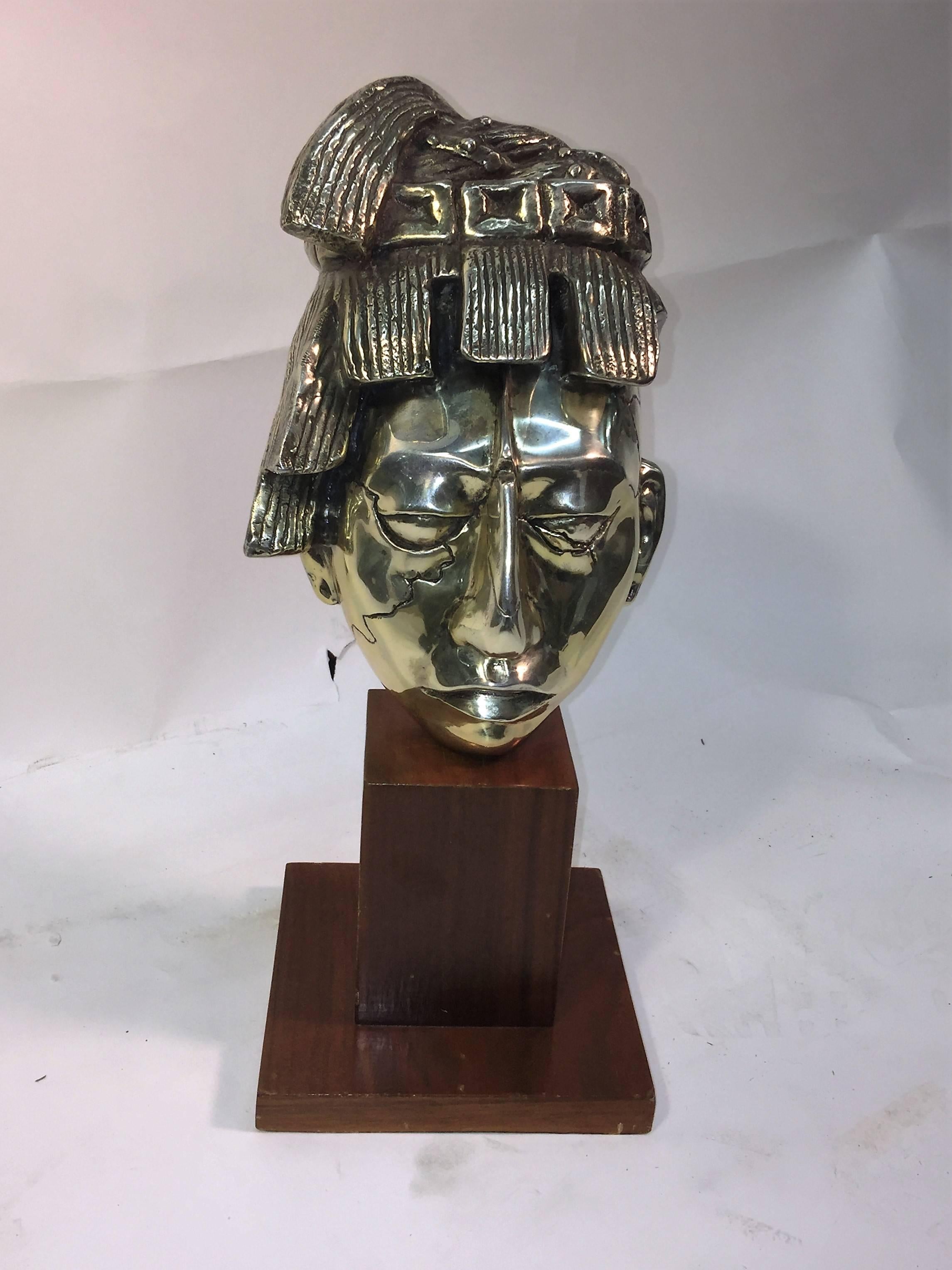 20th Century Abstract Silvered Bronze Aztec Warrior Bust For Sale