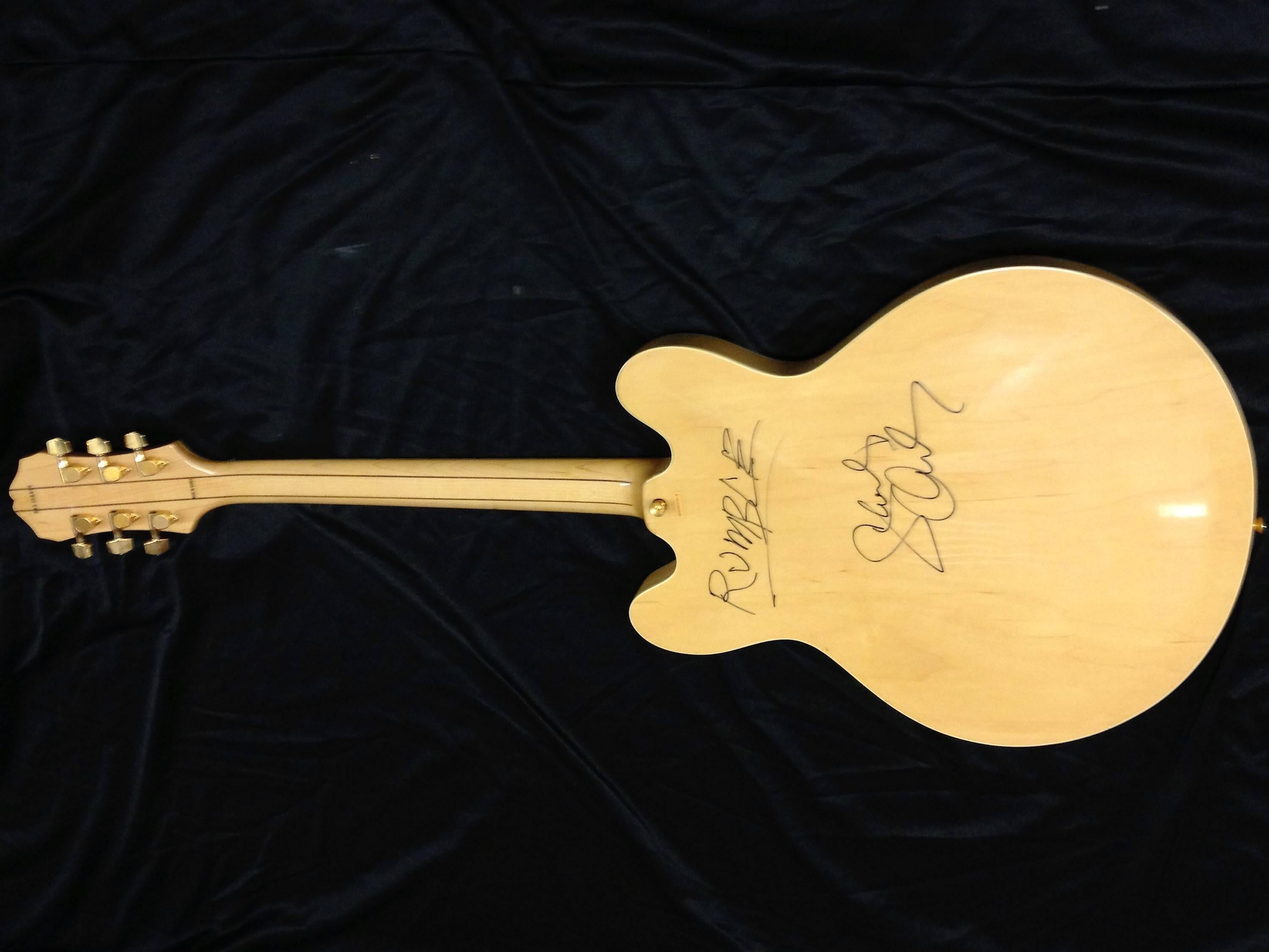 This Epiphone Sheraton guitar is signed by BB King, John McLaughlin, George Benson, Carlos Santana, Les Paul, JJ Cale, Link Wray Scotty Moore, Lonnie Mack, Chet Atkins, Alvin Lee and Bo Diddly. The back of the guitar is also signed by Stanley Clarke