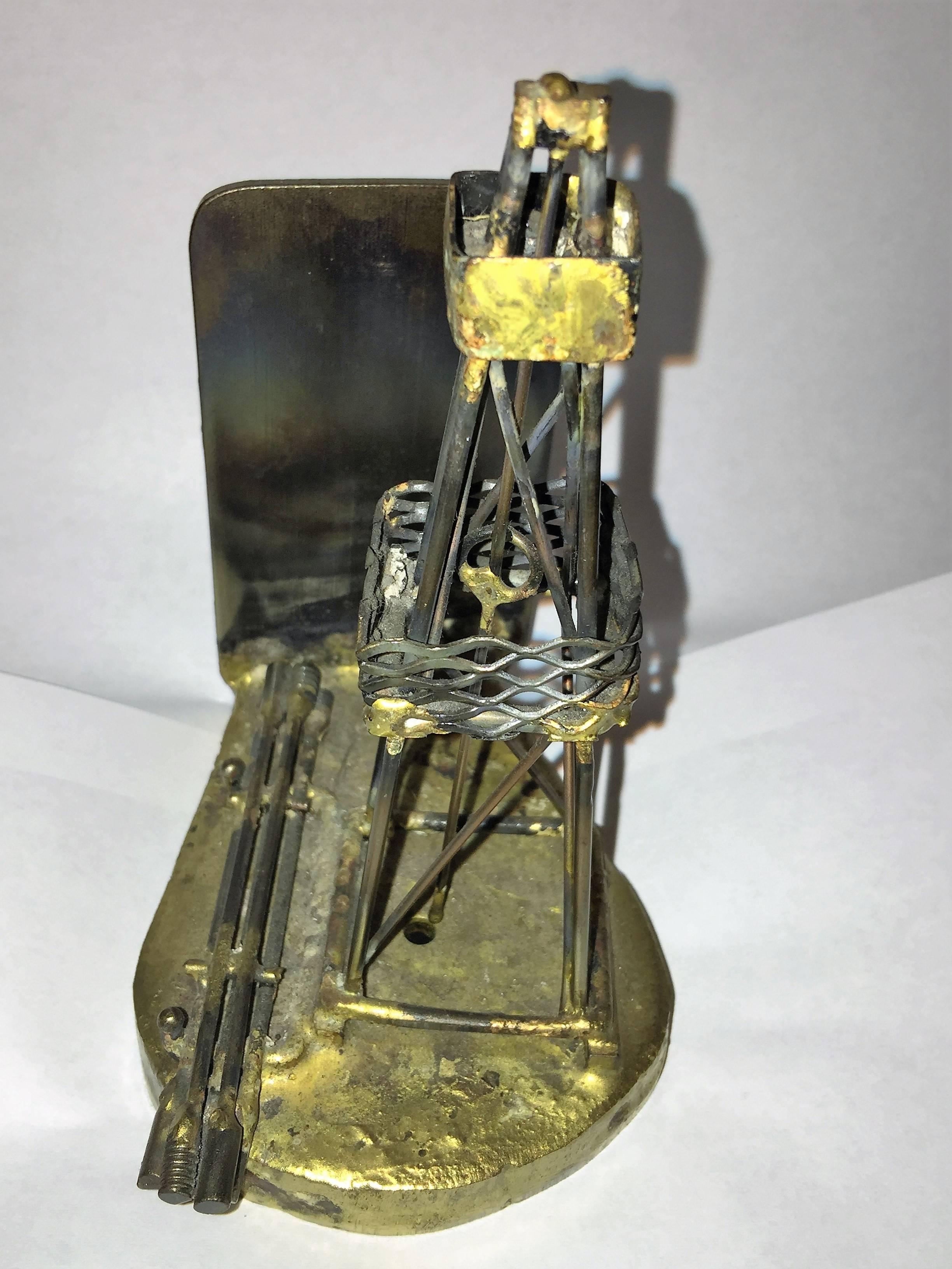 Pair of Brutalist Oil Drill and Oil Well Mixed Metal Bookends 2