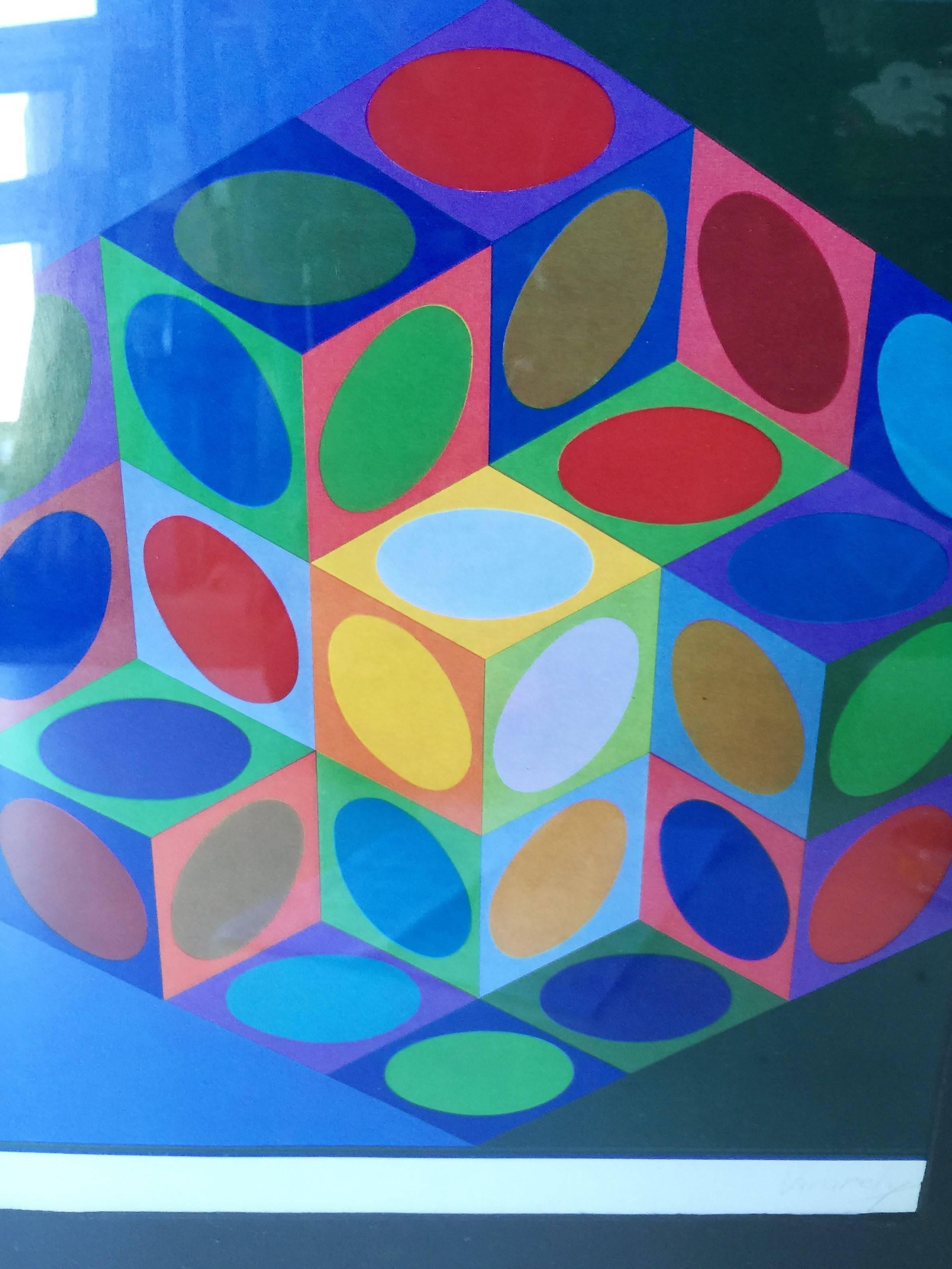 French  Series 1977 Victor Vasarely Colorful Optic Silkscreen For Sale