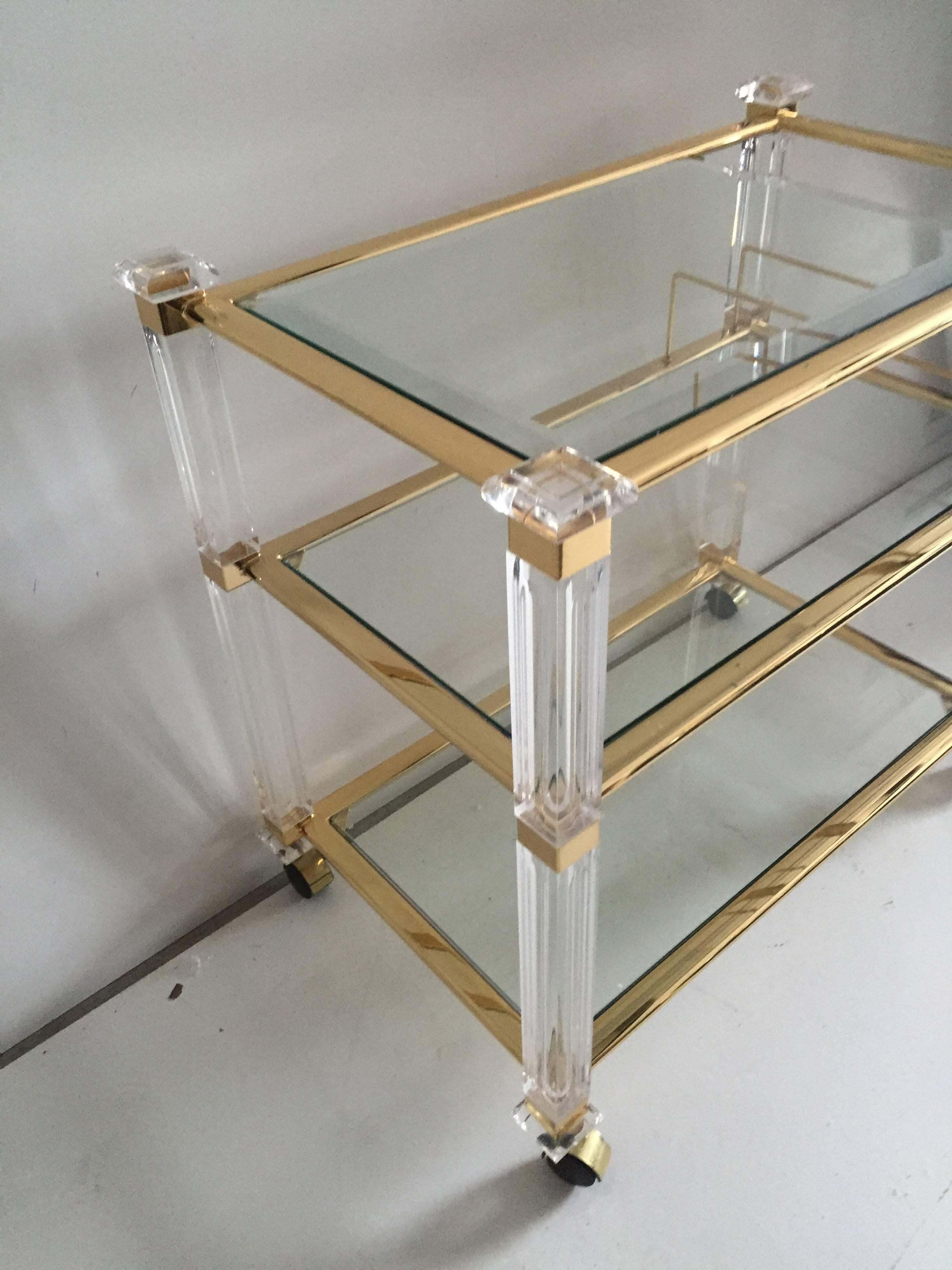 American Charles Hollis Jones Three-Tier Tea Cart in Lucite and Brass For Sale