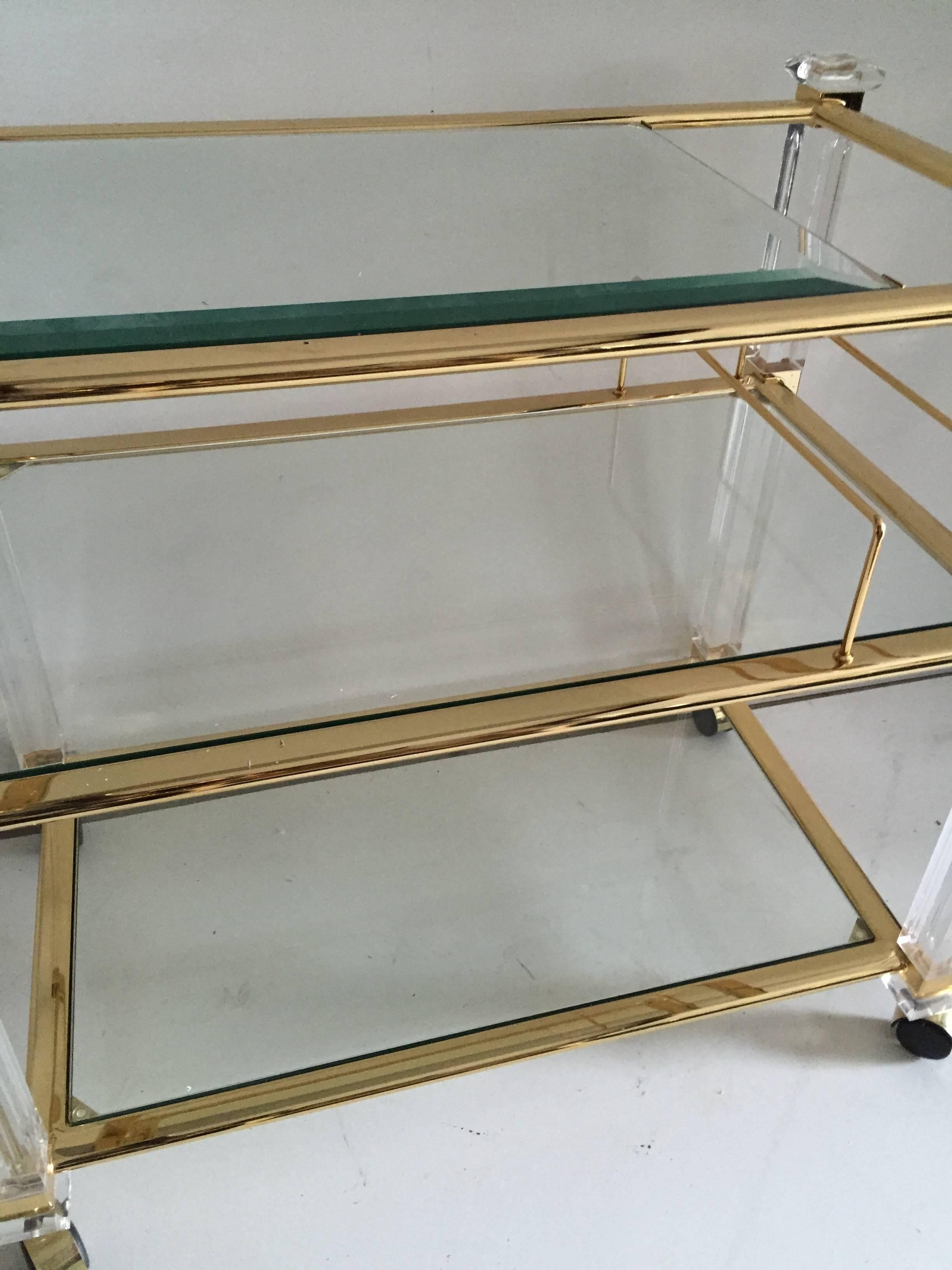 Modern Charles Hollis Jones Three-Tier Tea Cart in Lucite and Brass For Sale