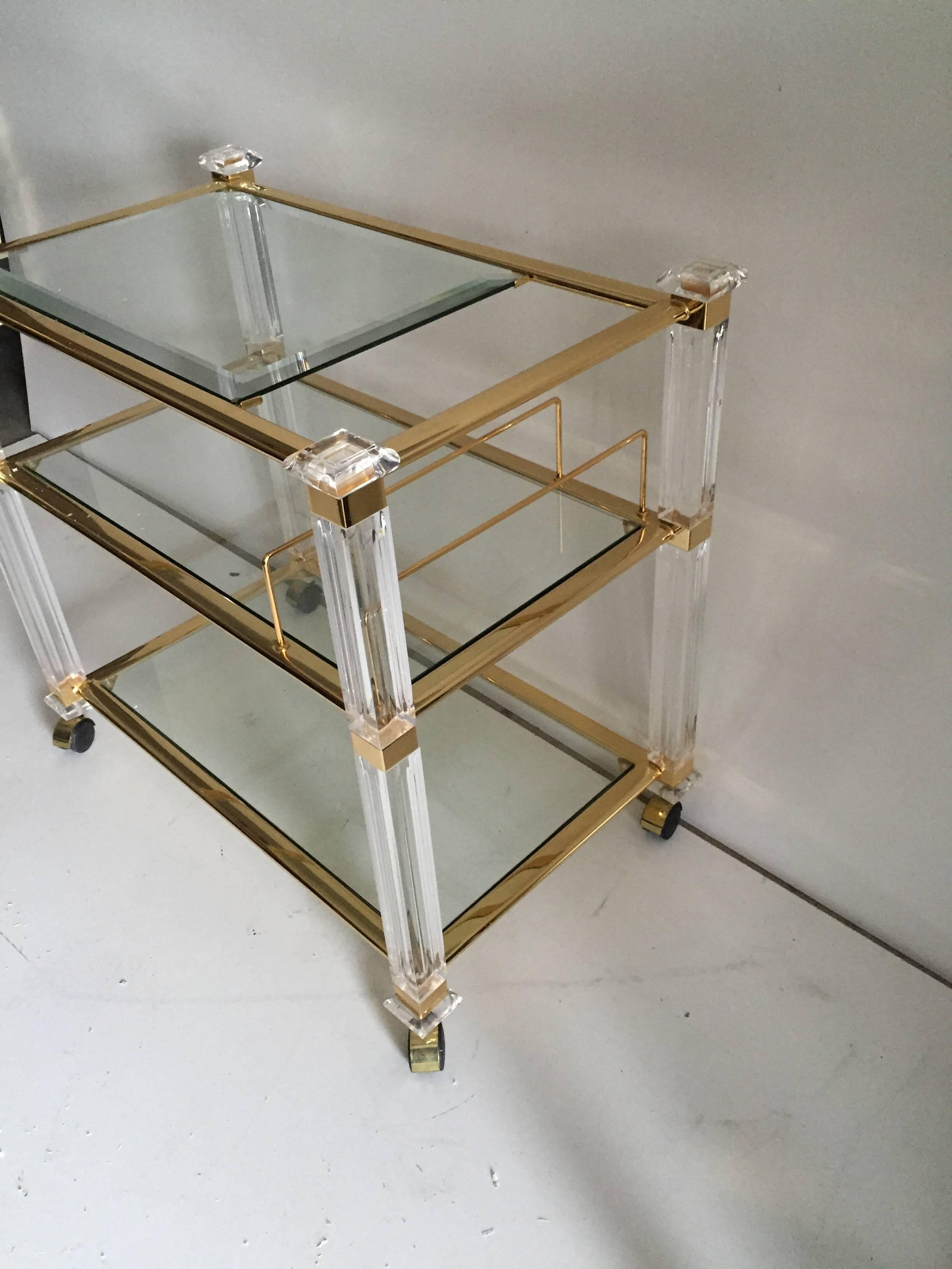 Charles Hollis Jones Three-Tier Tea Cart in Lucite and Brass In Good Condition For Sale In Mount Penn, PA