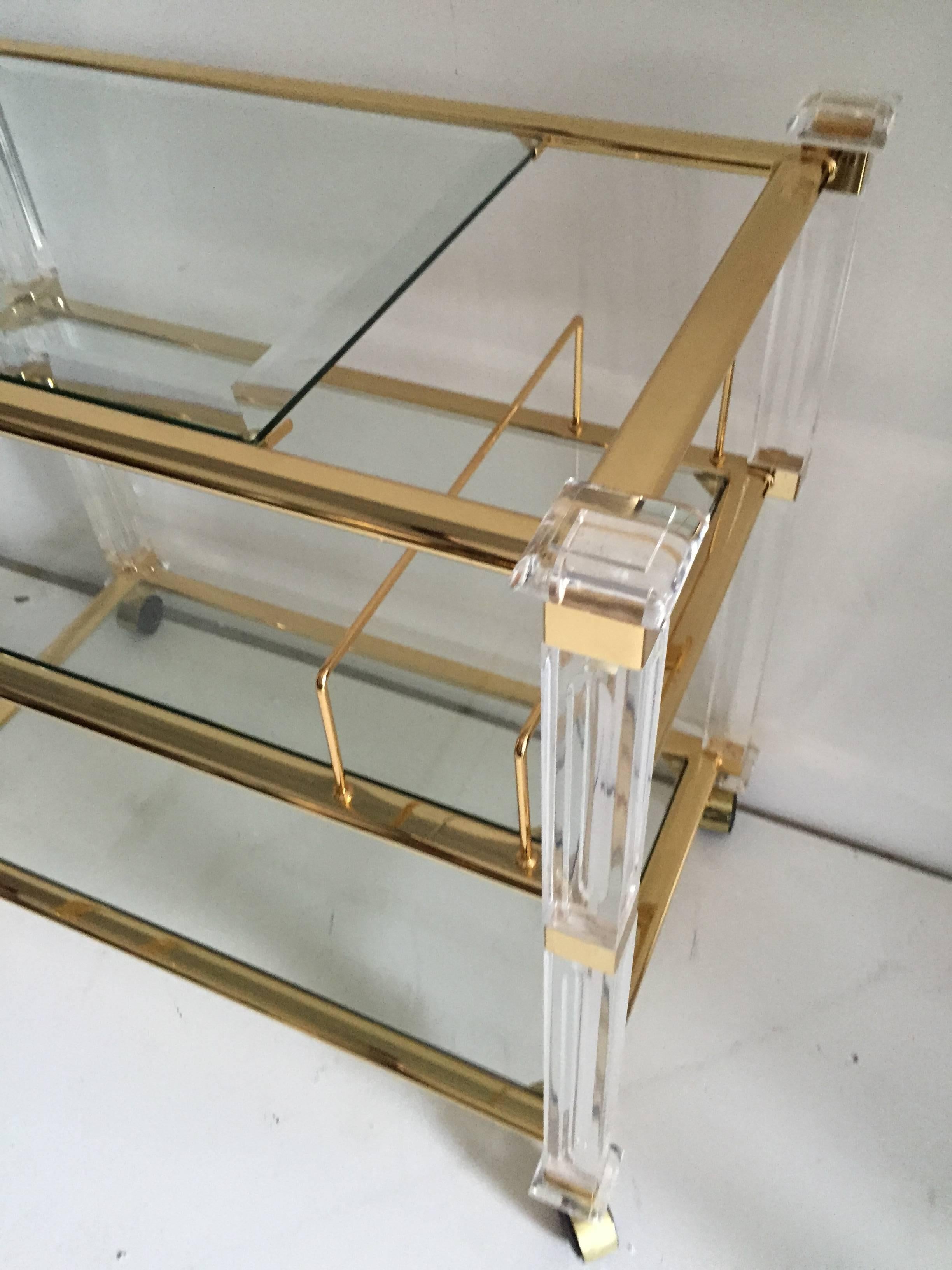 20th Century Charles Hollis Jones Three-Tier Tea Cart in Lucite and Brass For Sale