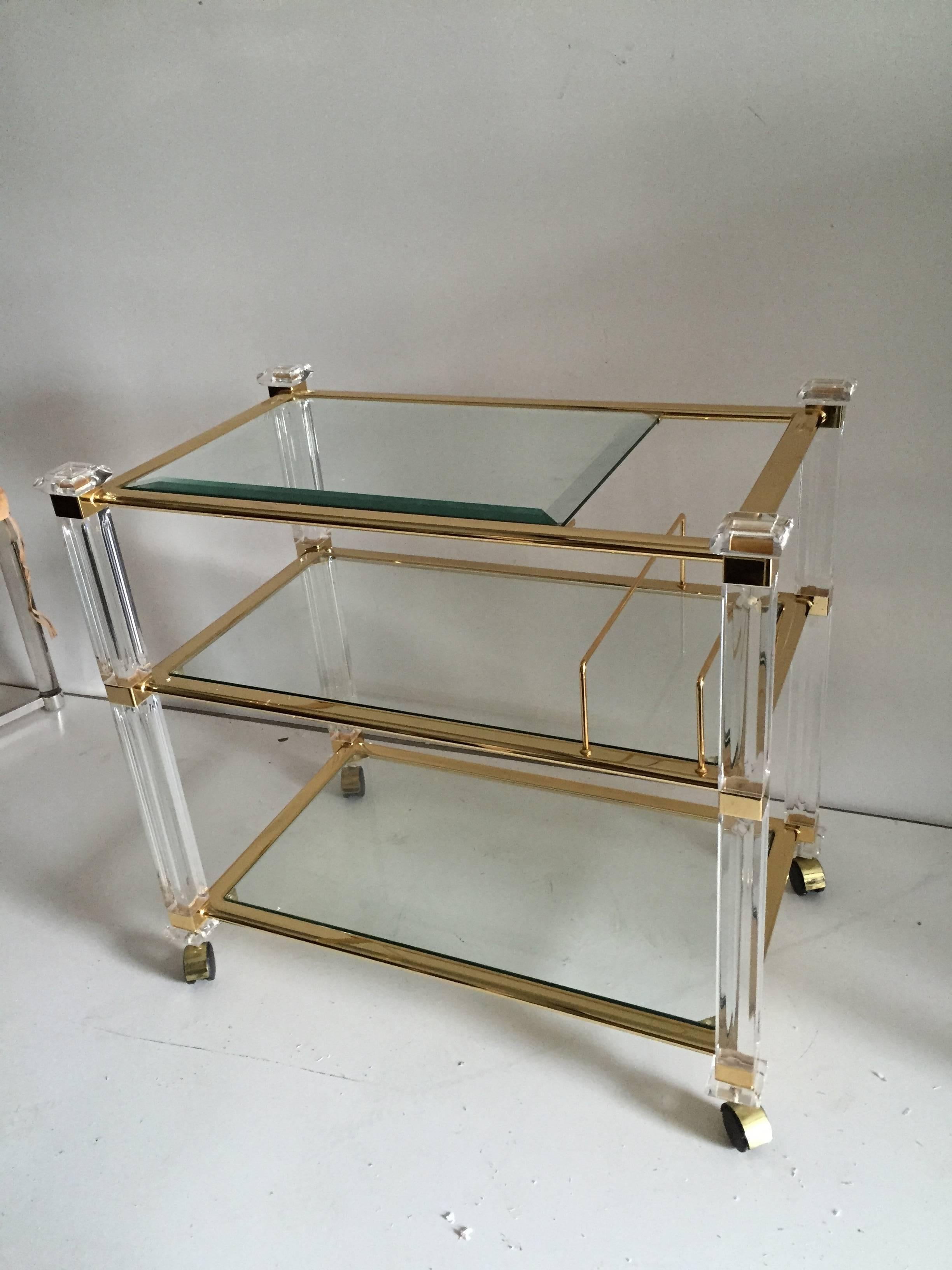 Charles Hollis Jones Three-Tier Tea Cart in Lucite and Brass For Sale 1