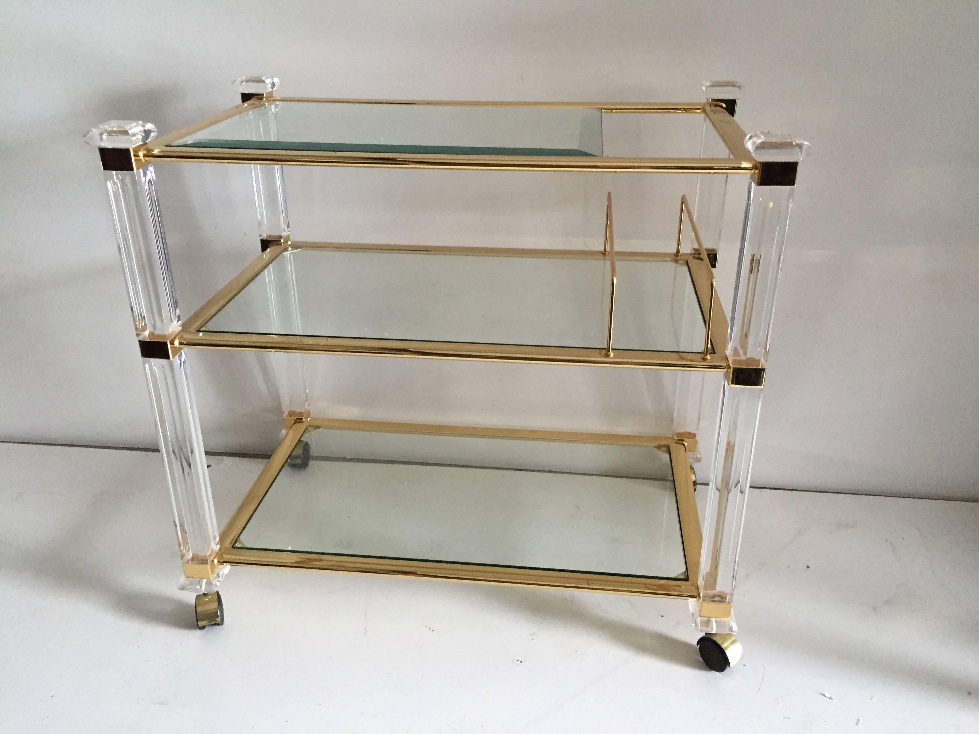 Charles Hollis Jones Three-Tier Tea Cart in Lucite and Brass For Sale 2